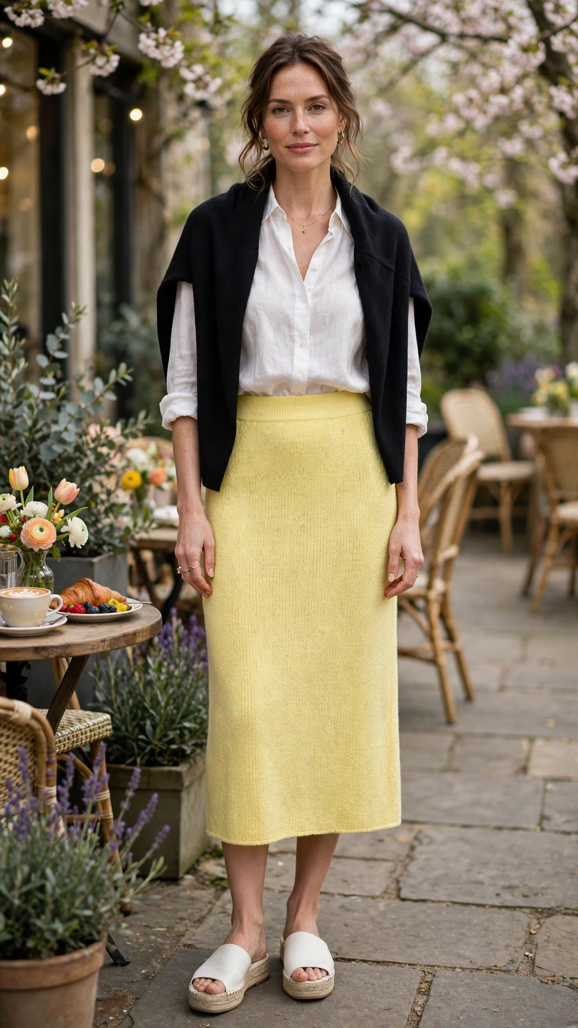 Lemon Yellow Knit Skirt with a soft black shawl