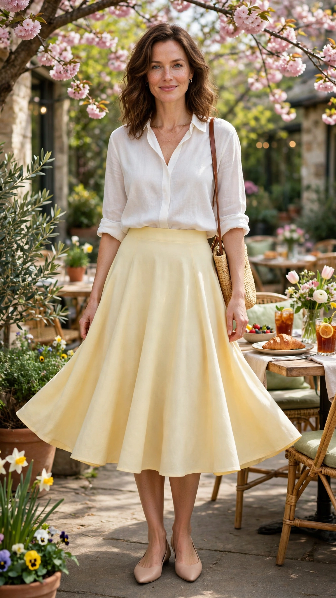 Butter Yellow Flared Skirt with nude pointed flats