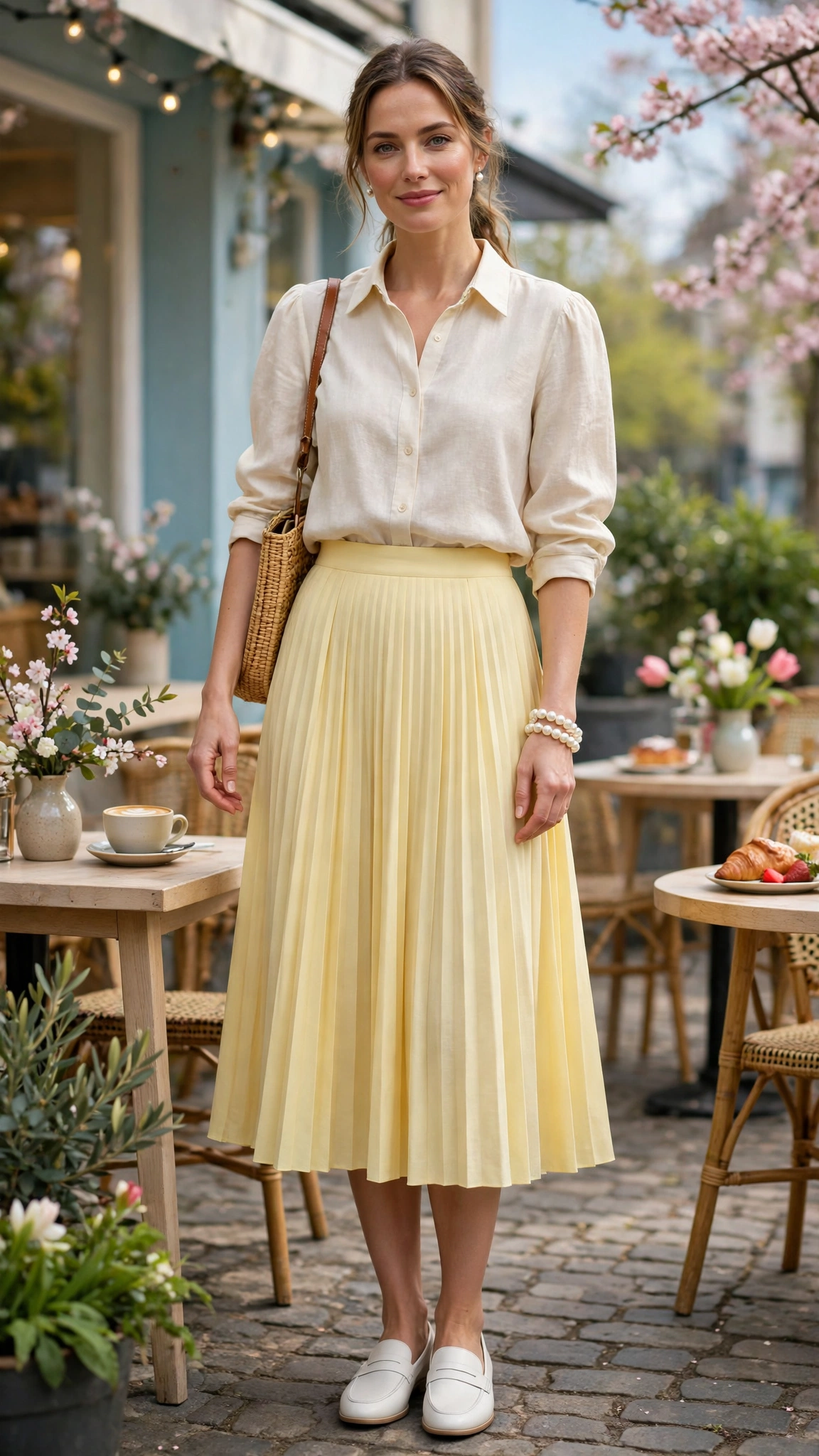 Butter Yellow Pleated Midi Skirt with a pearl bracelet