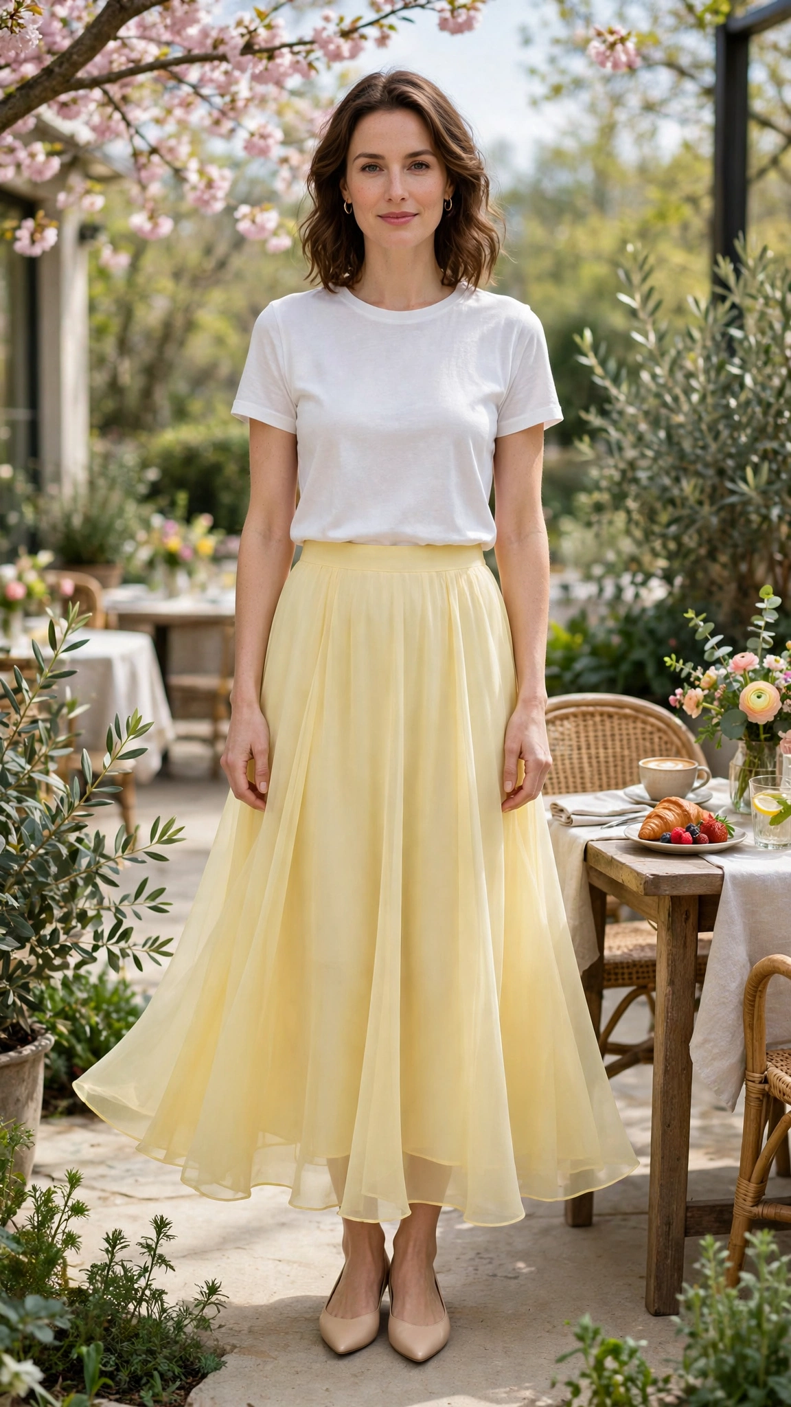 Butter Yellow Chiffon Skirt with nude pointed flats