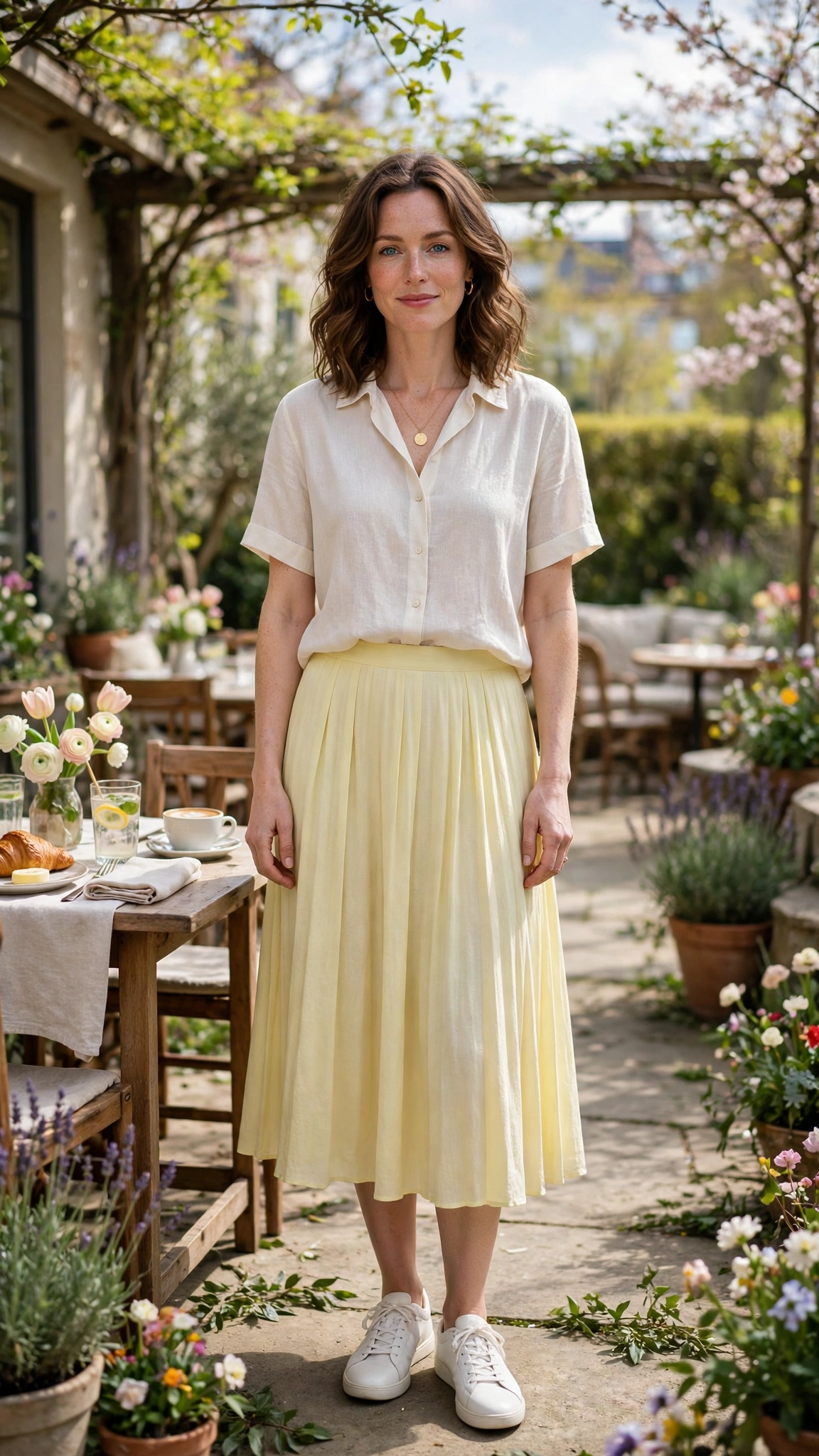Lemon Yellow Pleated Midi Skirt with a gold pendant necklace