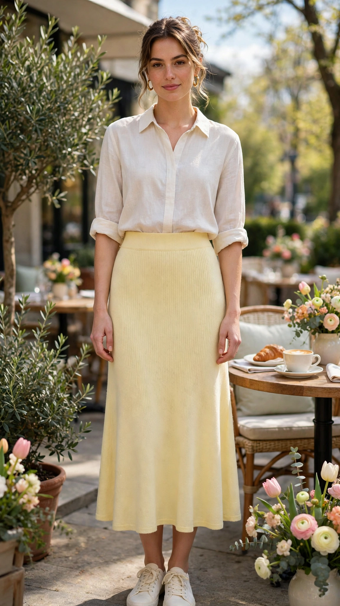 Butter Yellow Knit Skirt with gold hoop earrings