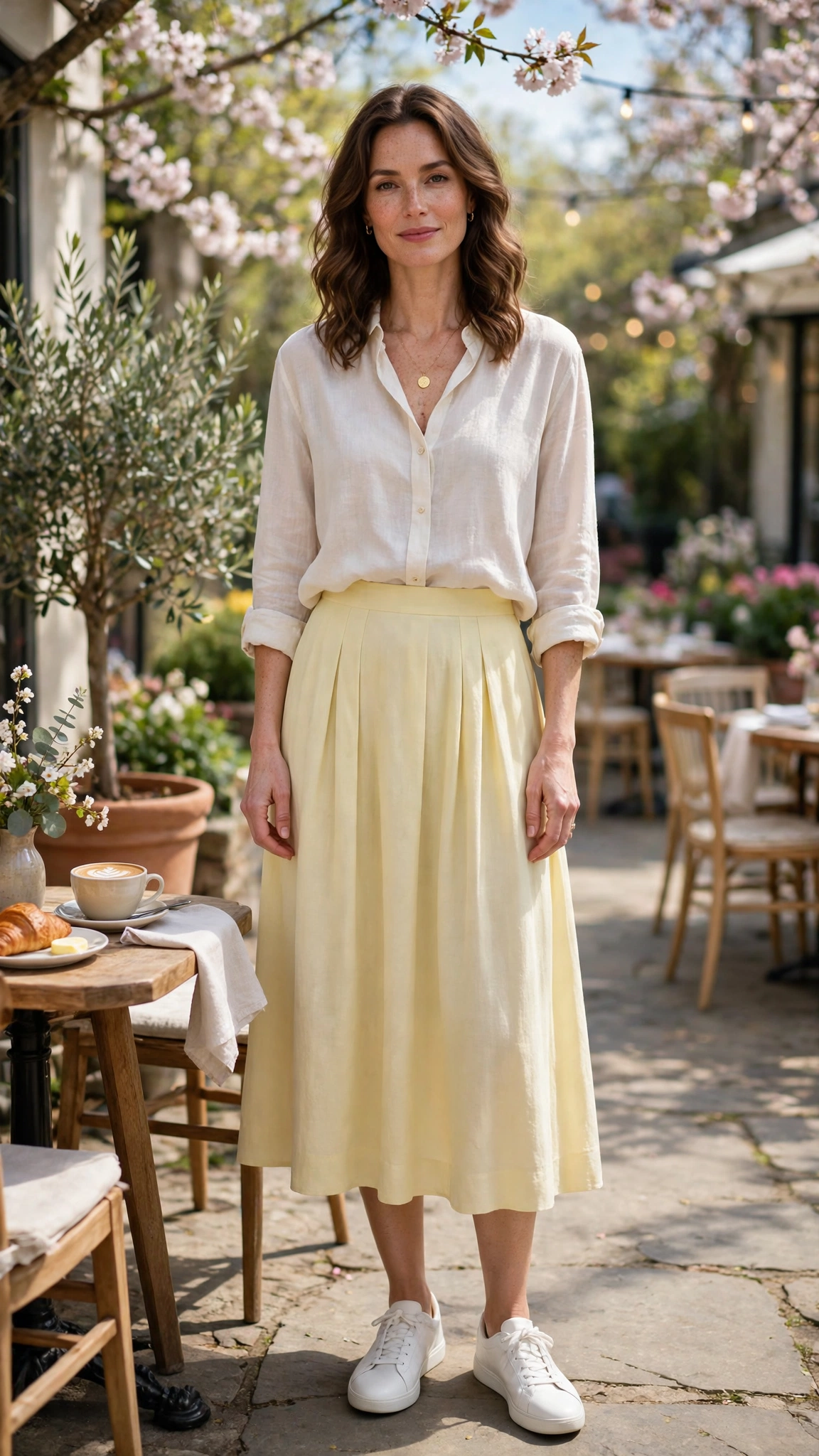 Pale Yellow Midi Skirt with a gold pendant necklace