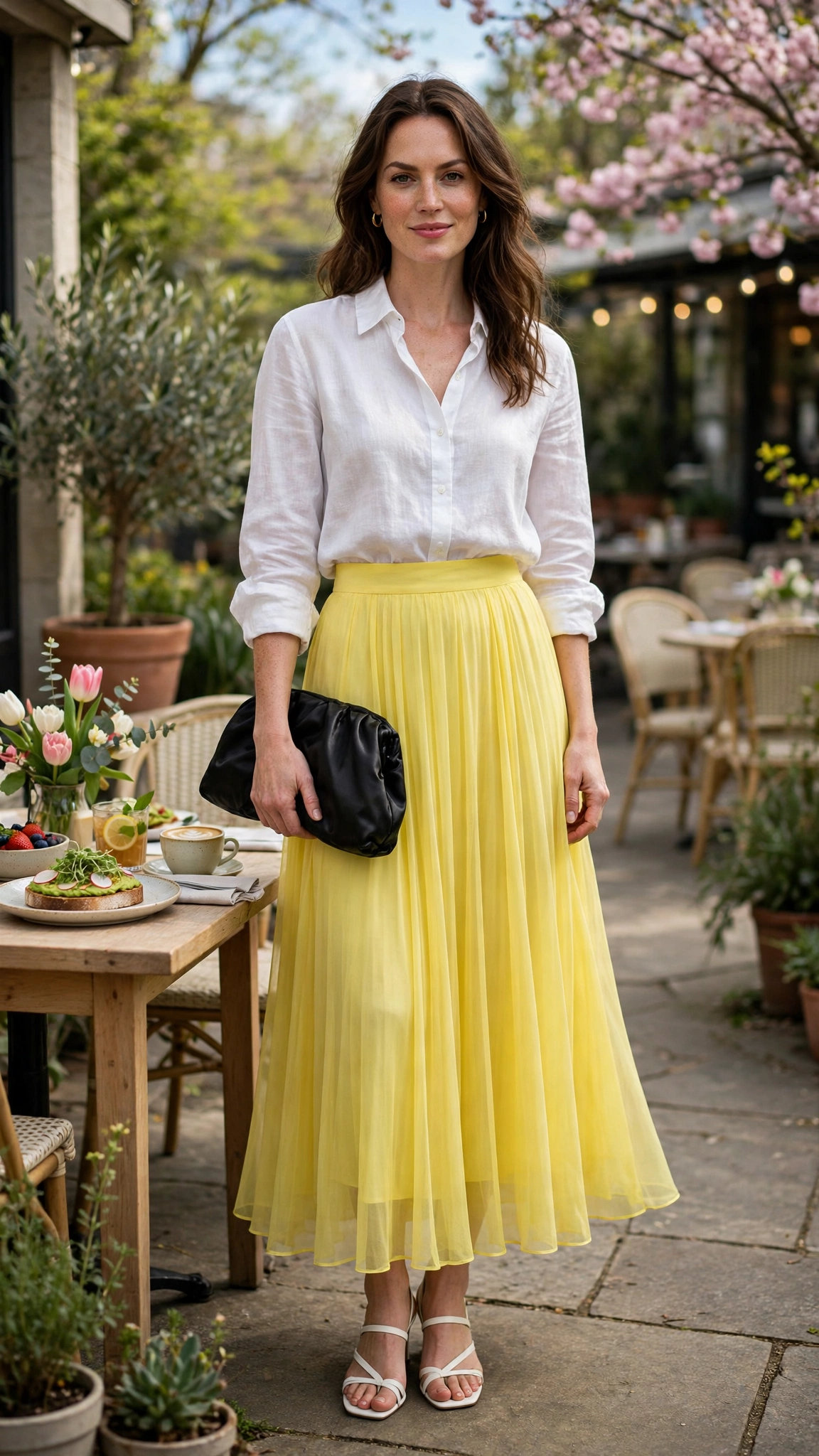 Lemon Yellow Chiffon Skirt with a black satin clutch