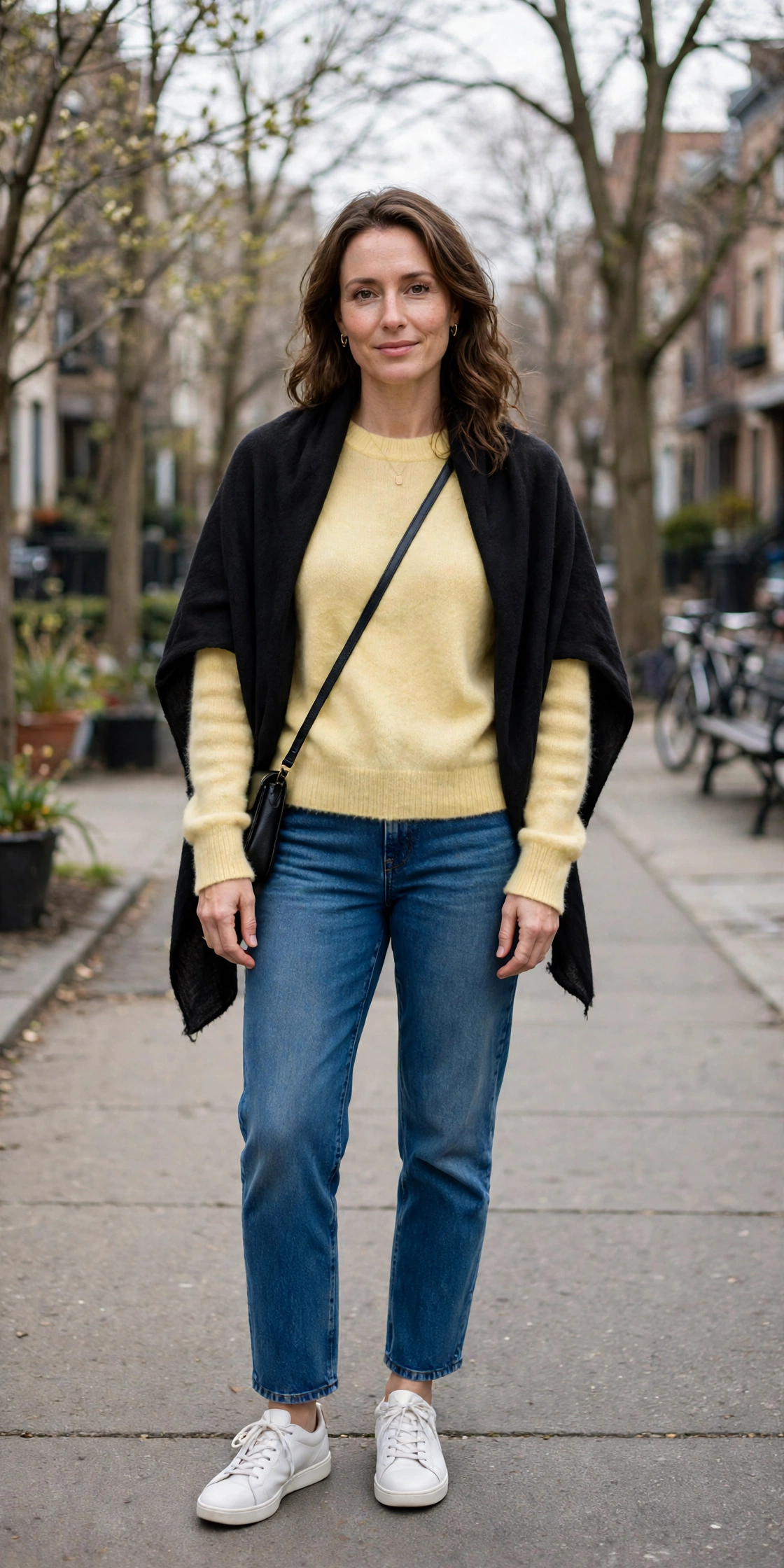 Butter Yellow Cashmere Sweater with a soft black shawl