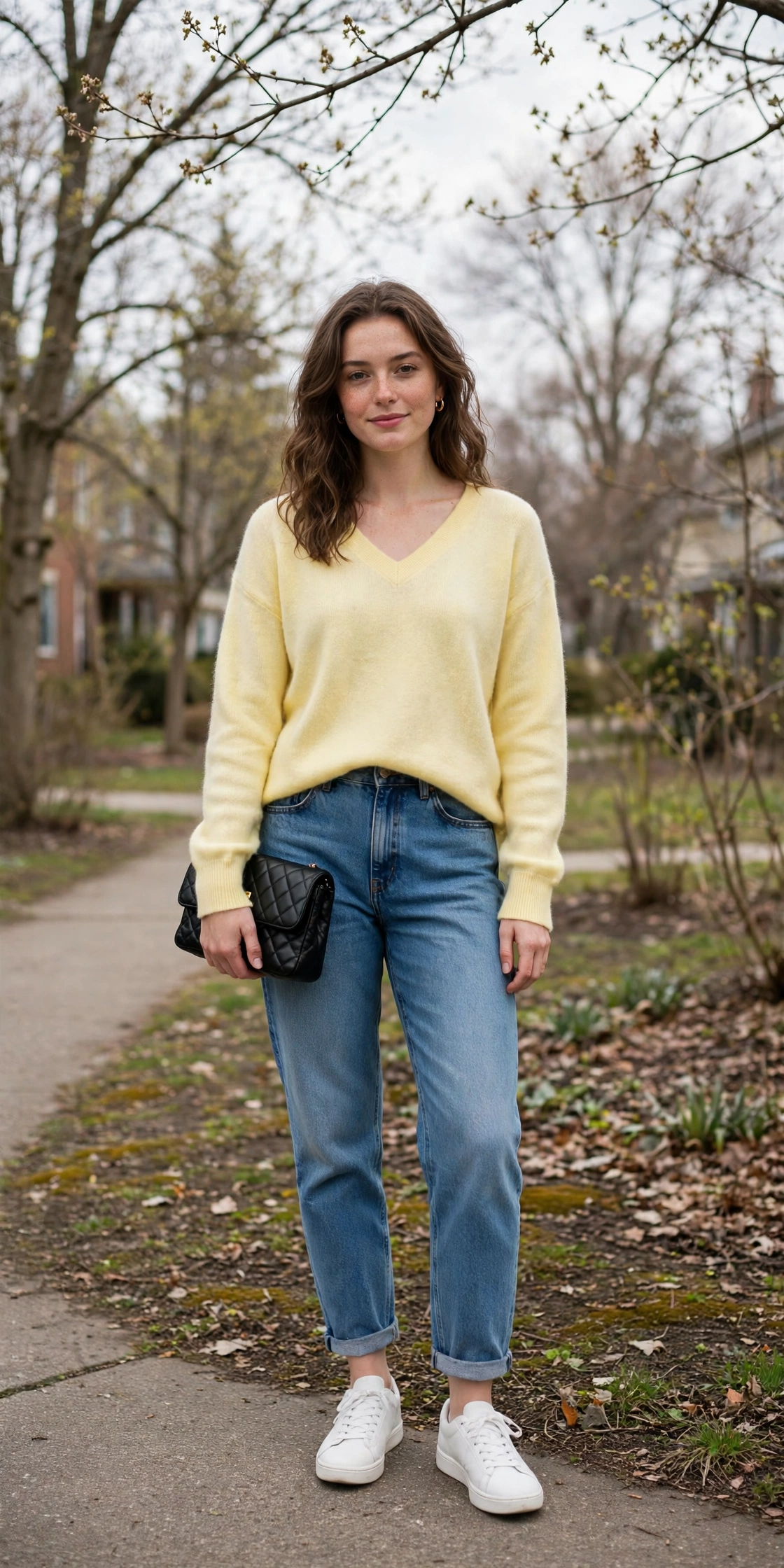 Pale Yellow V-Neck Sweater with a small black clutch