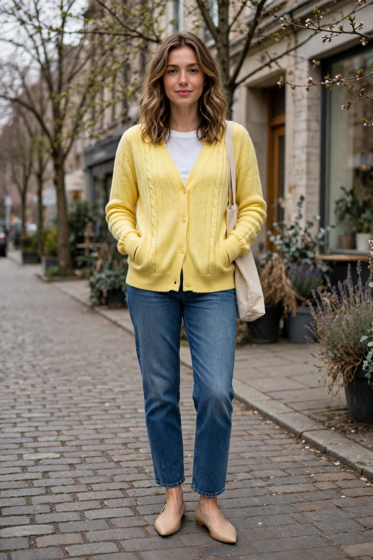 Lemon Yellow Cardigan with nude pointed flats