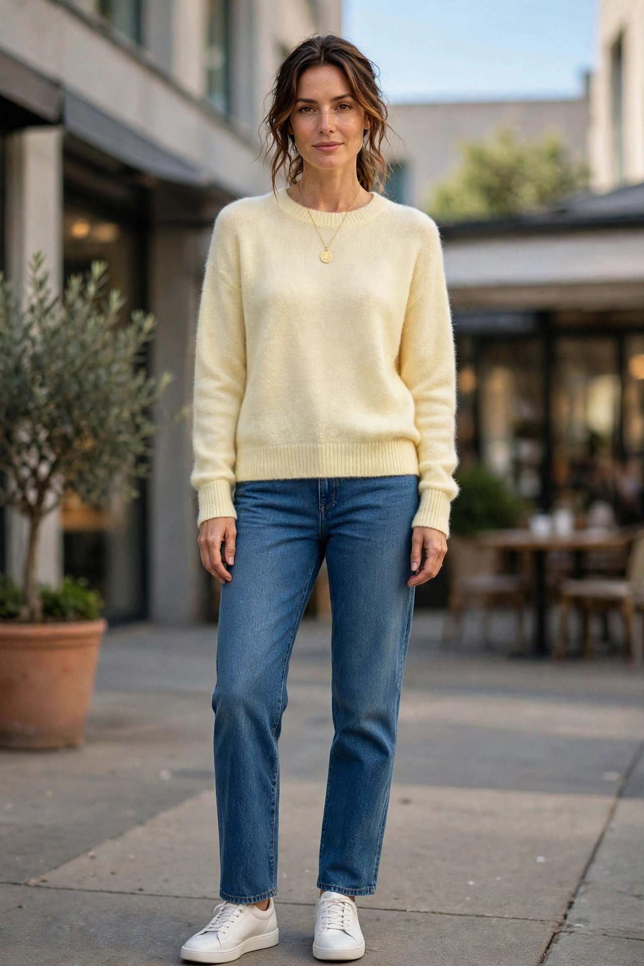 Butter Yellow Cashmere Sweater with a gold pendant necklace