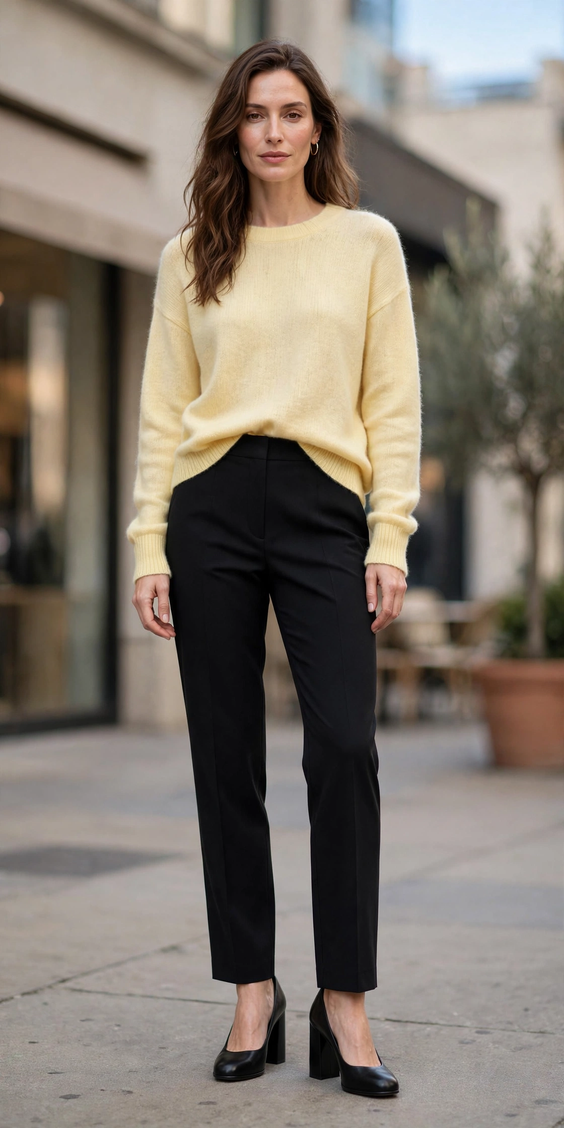 Butter Yellow Cashmere Sweater with black block-heel pumps