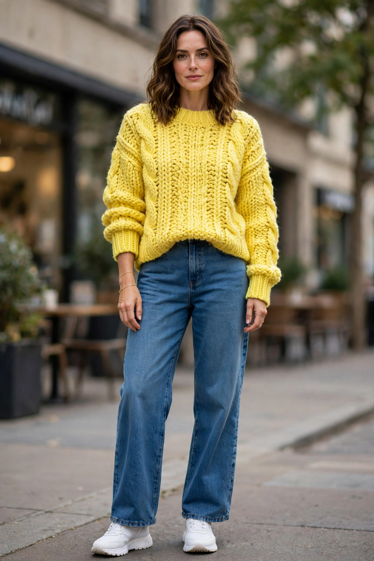 Lemon Yellow Chunky Knit Sweater with a delicate gold bracelet