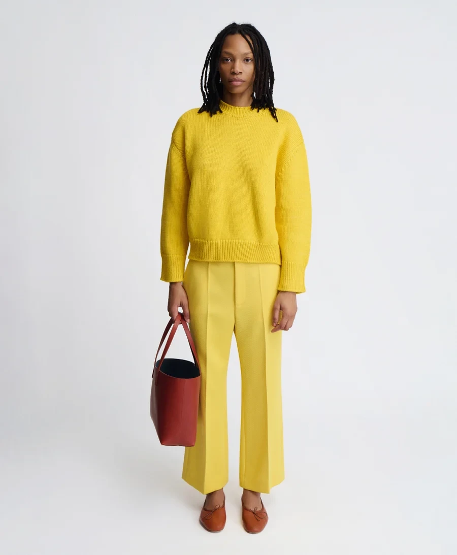 Lemon Yellow Crew-Neck Sweater with a structured tote
