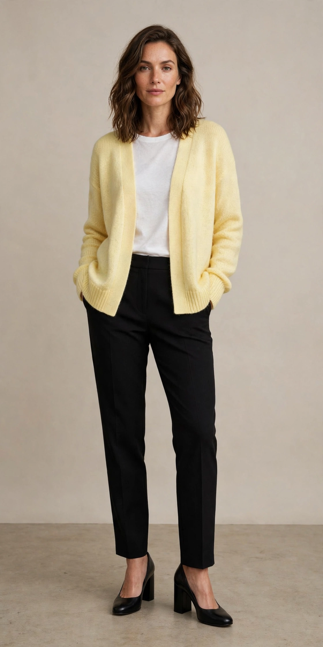 Soft Yellow Cardigan with black block-heel pumps