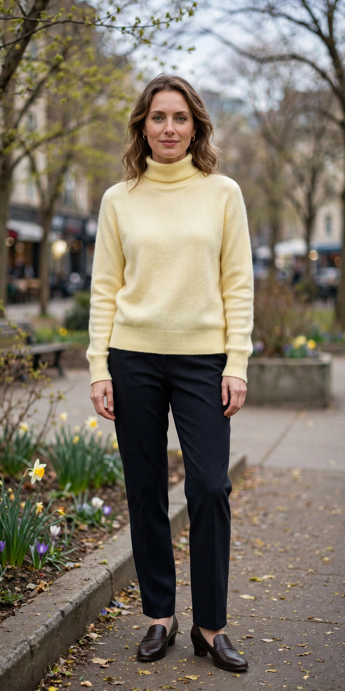 Butter Yellow Turtleneck Sweater with comfortable low heels