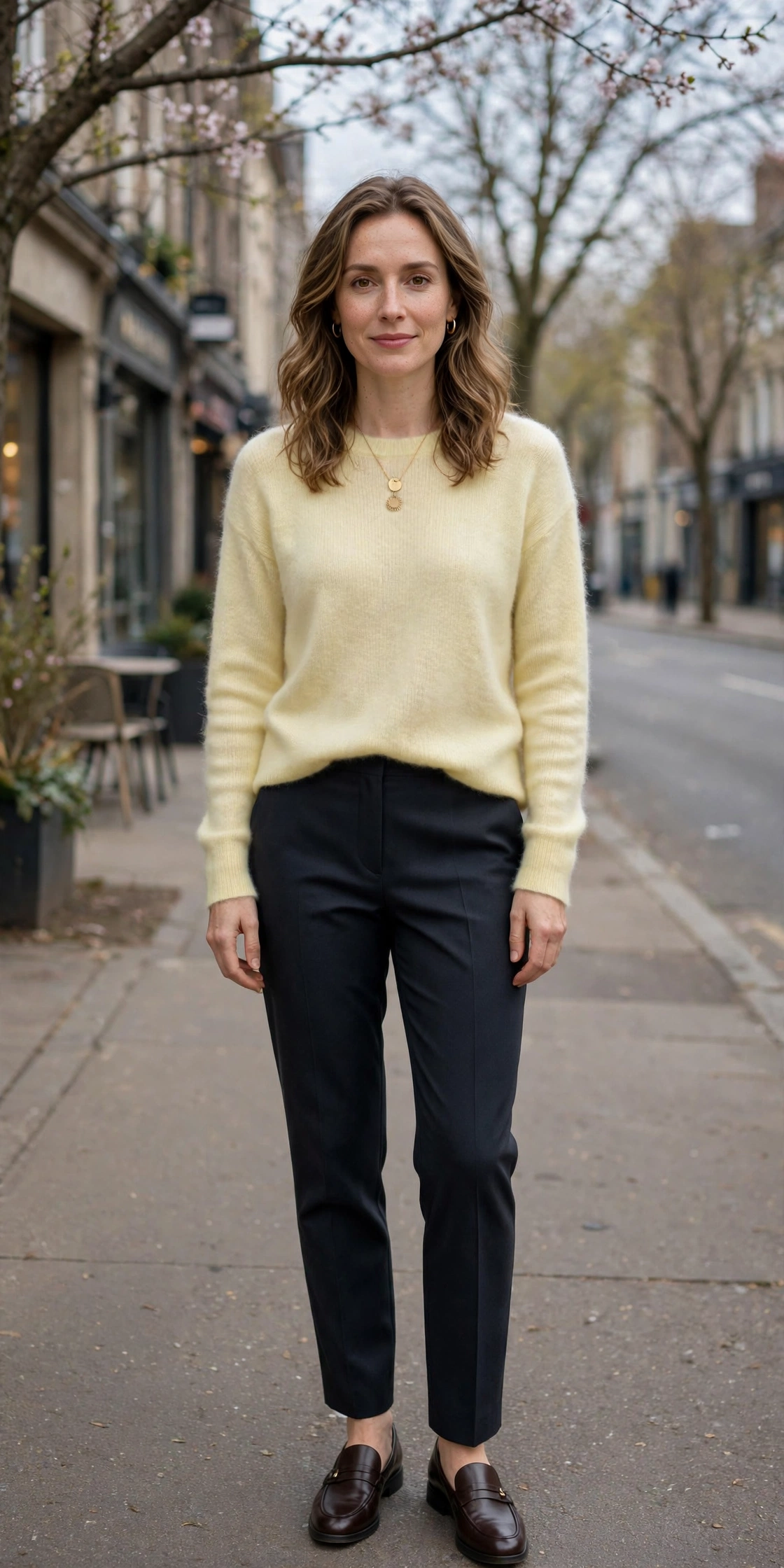Soft Yellow Cashmere Sweater with a gold pendant necklace