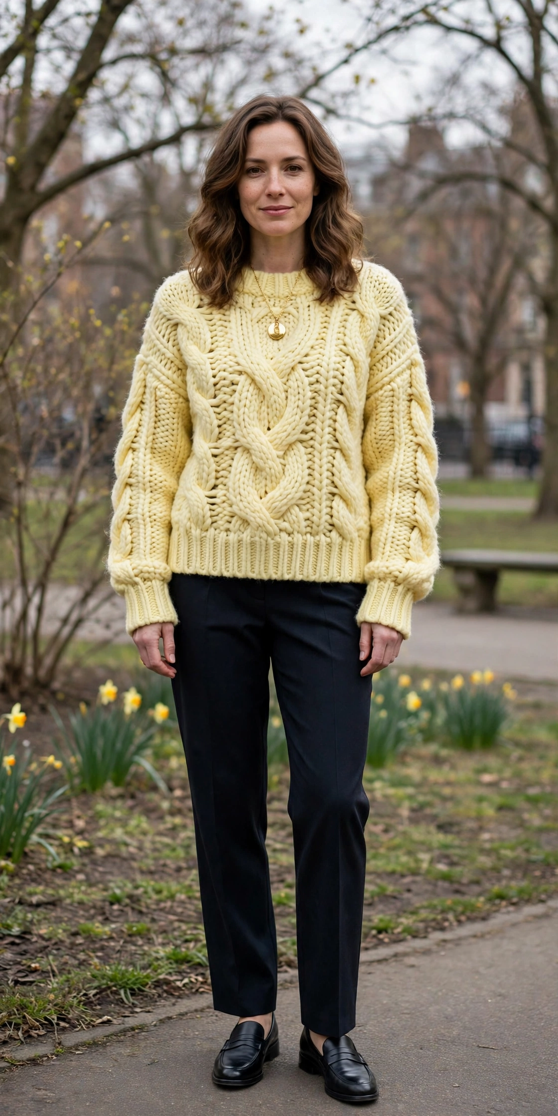 Pale Yellow Chunky Knit Sweater with a gold pendant necklace