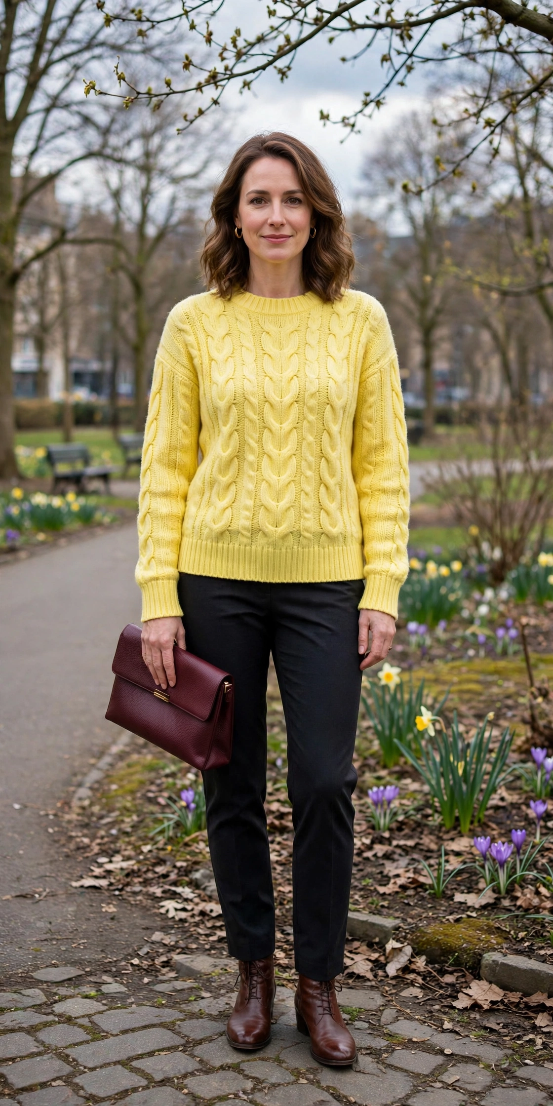 Lemon Yellow Cable-Knit Sweater with a burgundy clutch