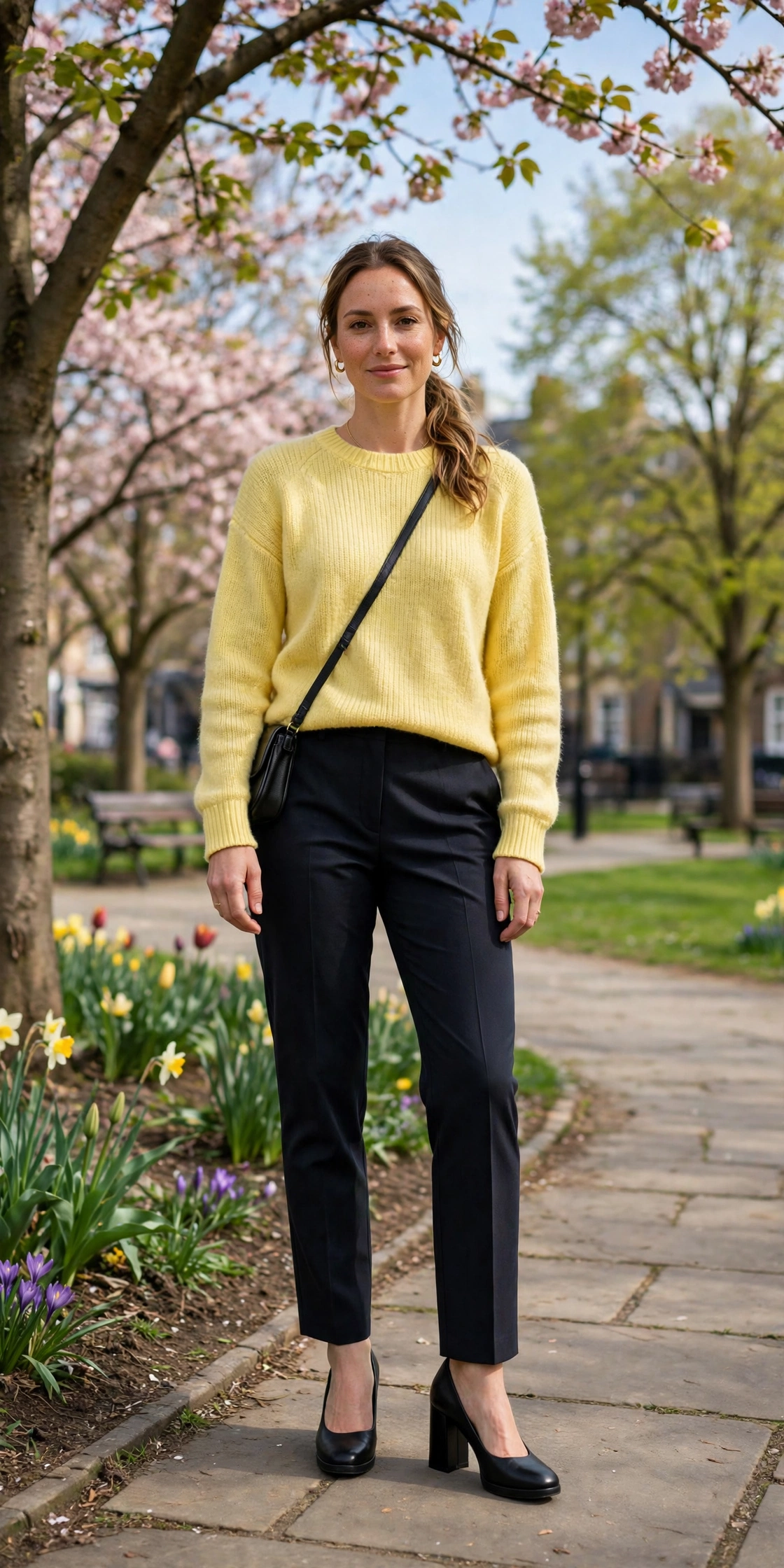 Lemon Yellow Crew-Neck Sweater with black block-heel pumps