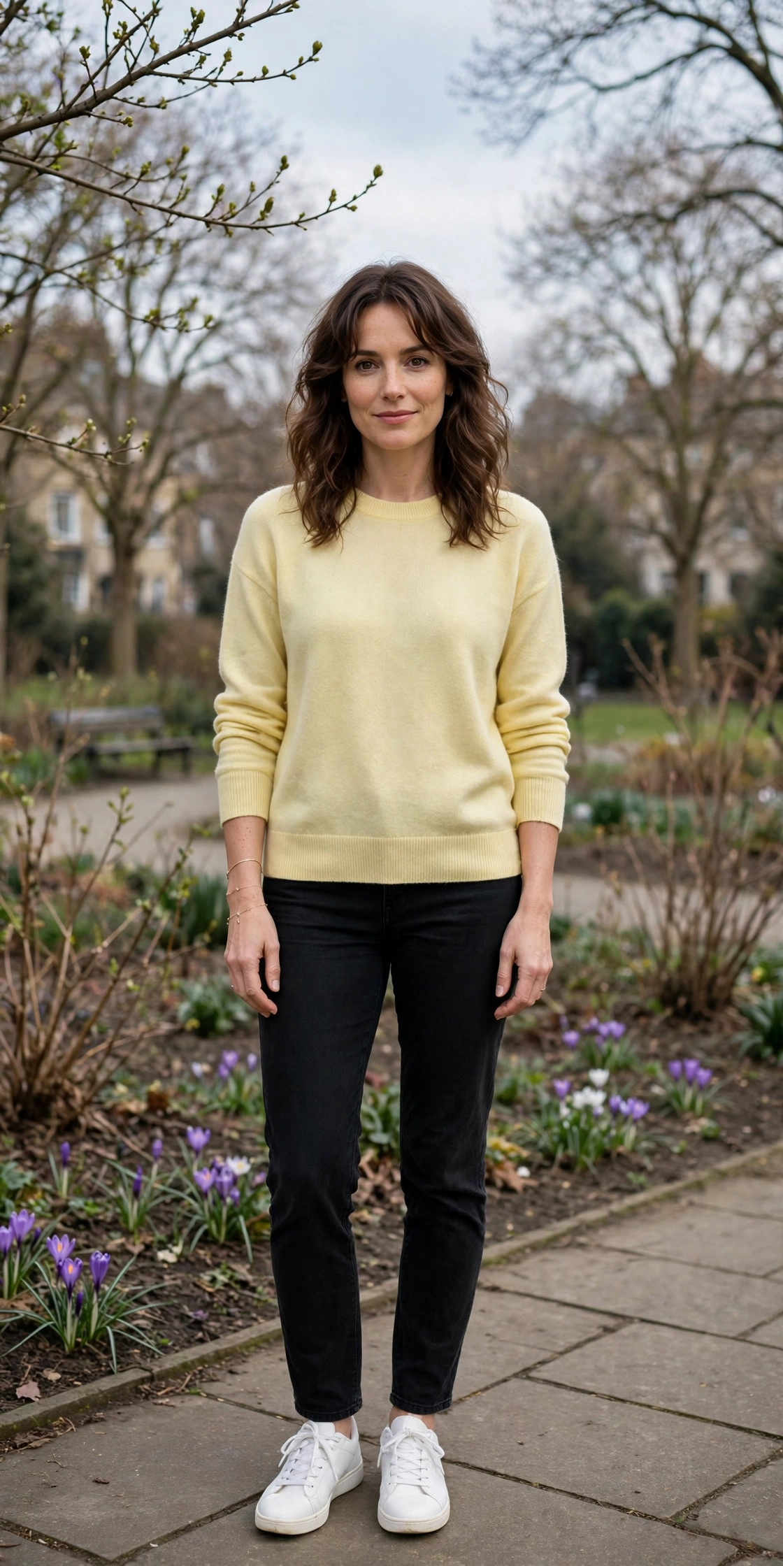 Pale Yellow Crew-Neck Sweater with a delicate gold bracelet
