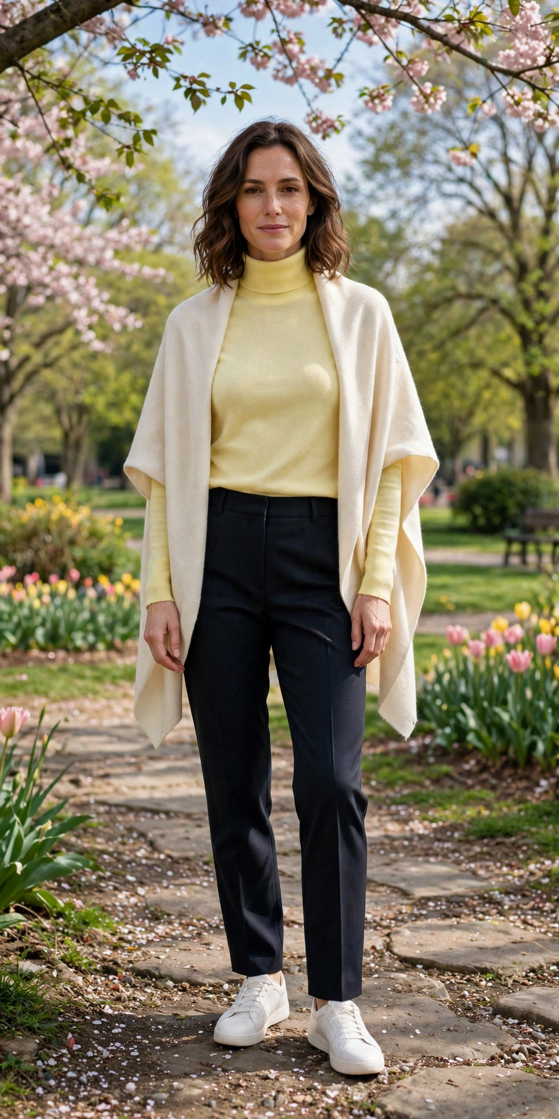 Pale Yellow Turtleneck Sweater with a cream wrap