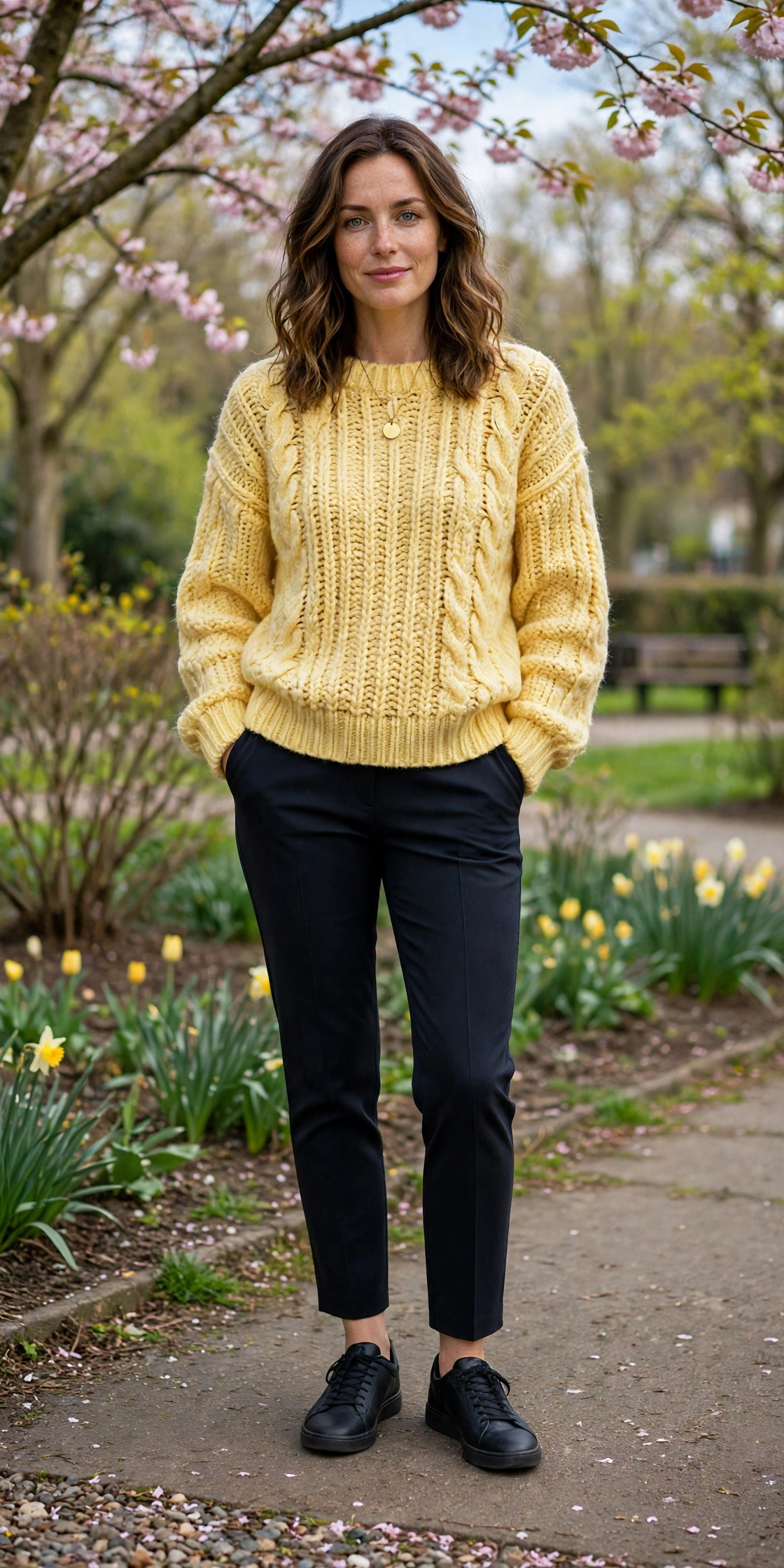 Soft Yellow Chunky Knit Sweater with a gold pendant necklace