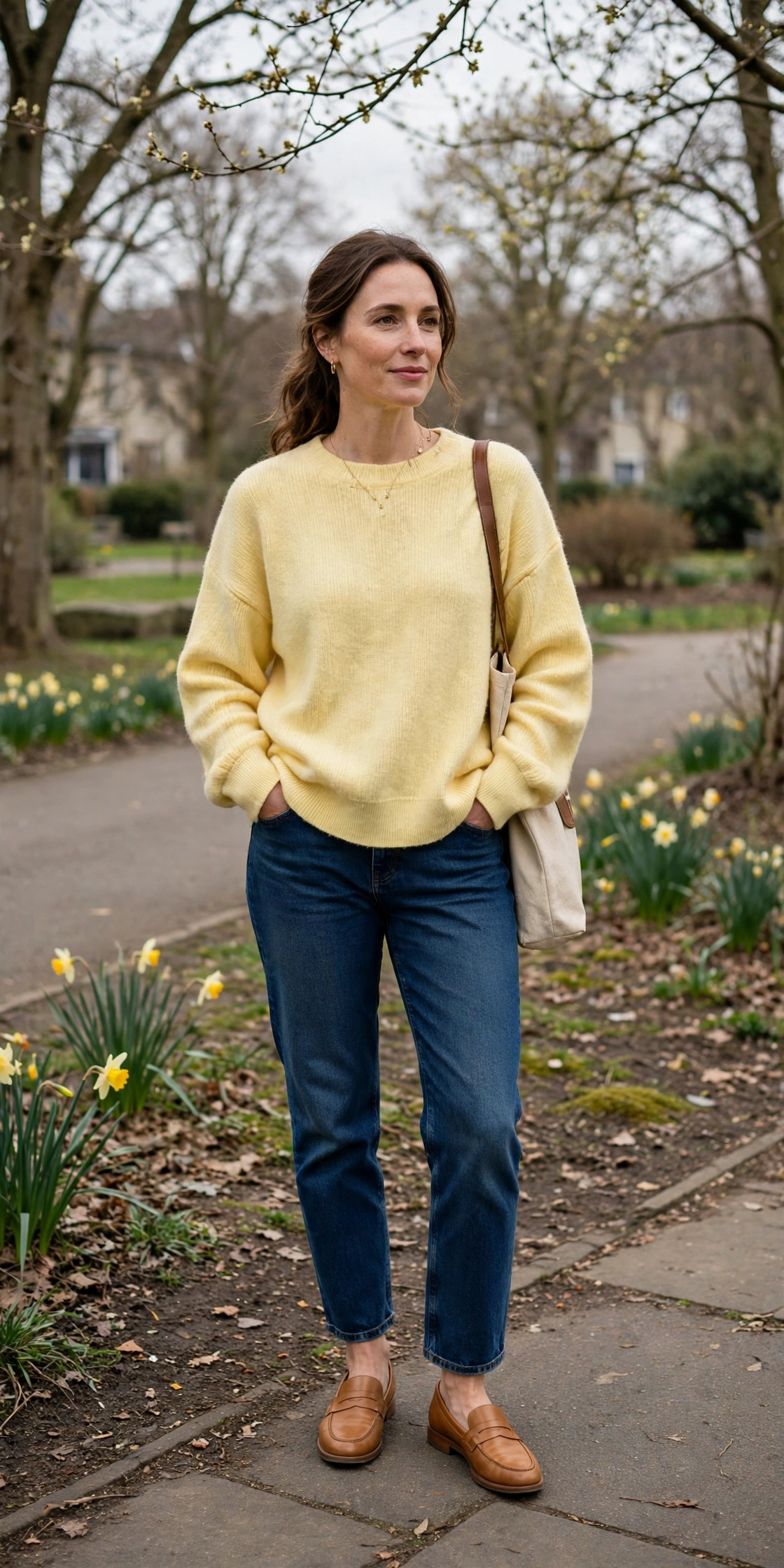 Butter Yellow Oversized Sweater with tan leather loafers