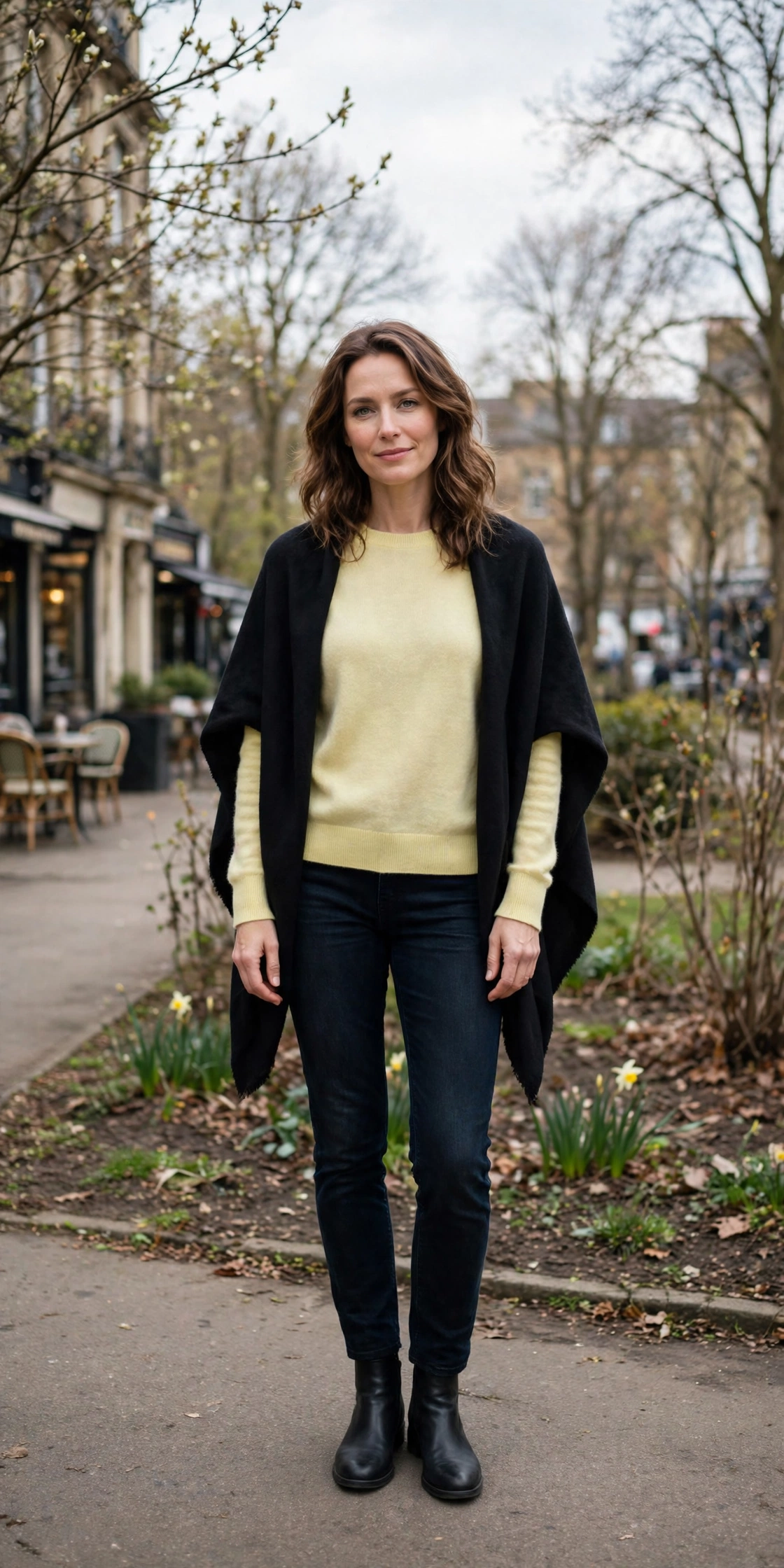 Pale Yellow Crew-Neck Sweater with a soft black shawl