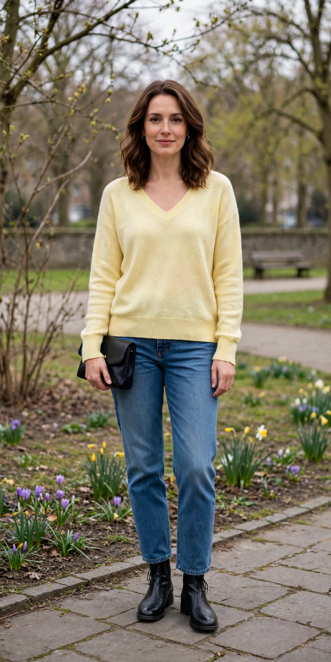 Soft Yellow V-Neck Sweater with a small black clutch