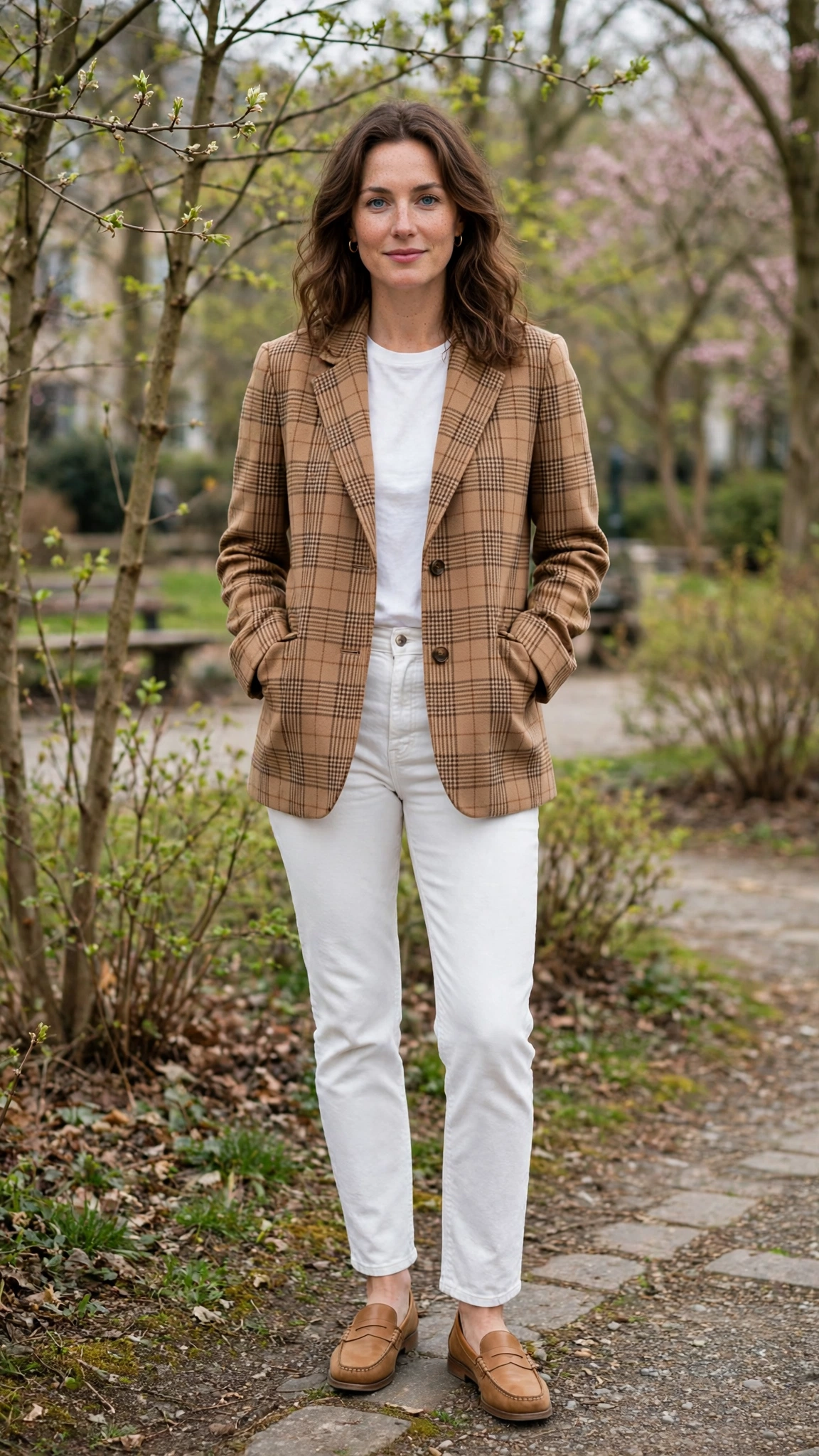 Camel Check Jacket and White Jeans with tan leather loafers