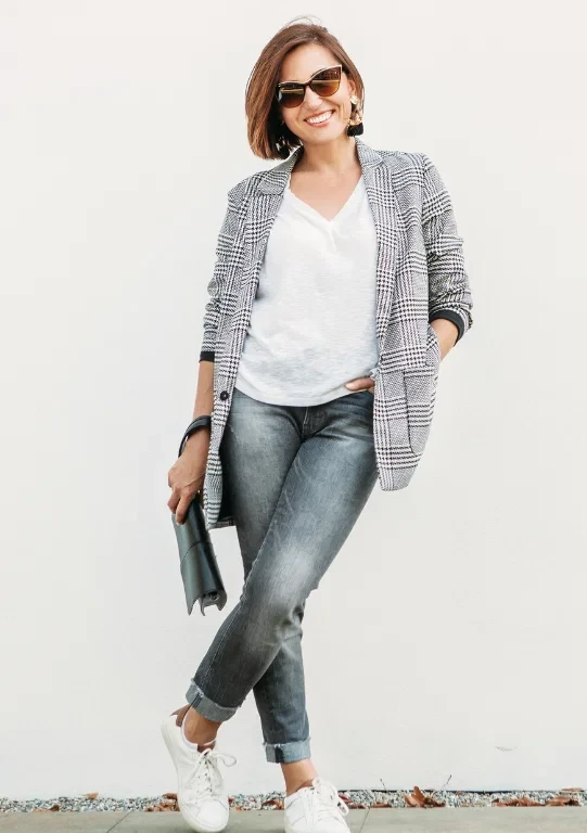 Grey Check Jacket and Dark Jeans with a cream wrap