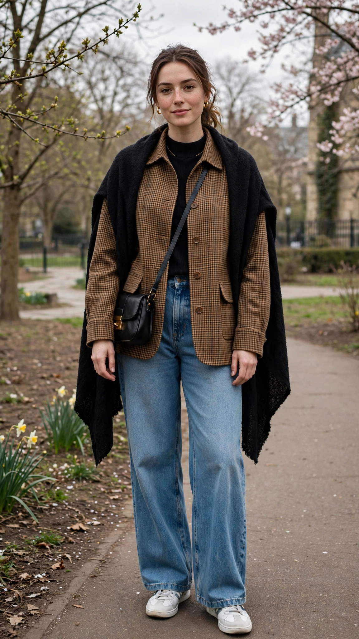 Brown Check Jacket and Wide-Leg Jeans with a soft black shawl