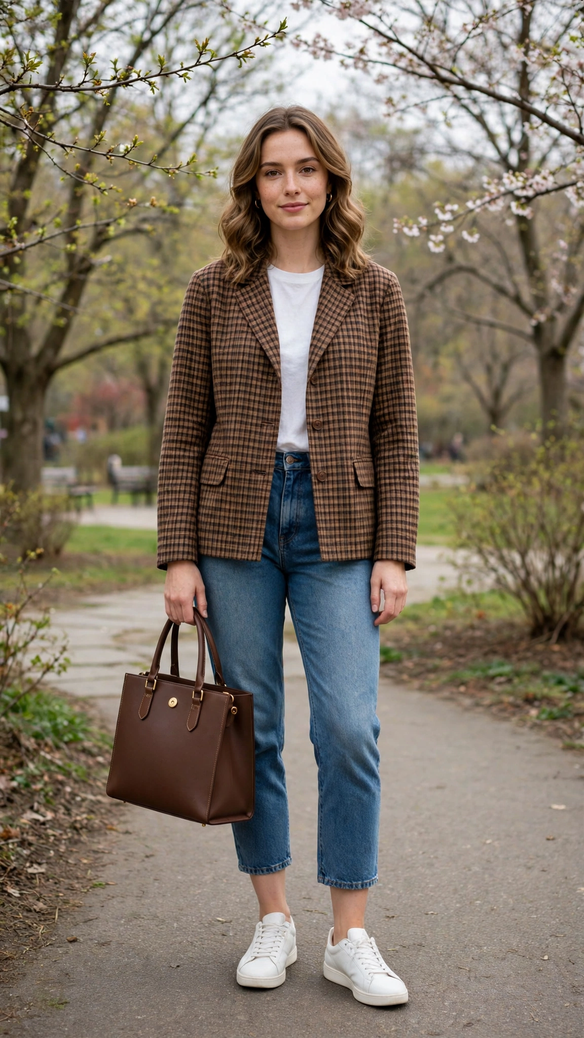 Brown Check Jacket and Cropped Jeans with a structured tote