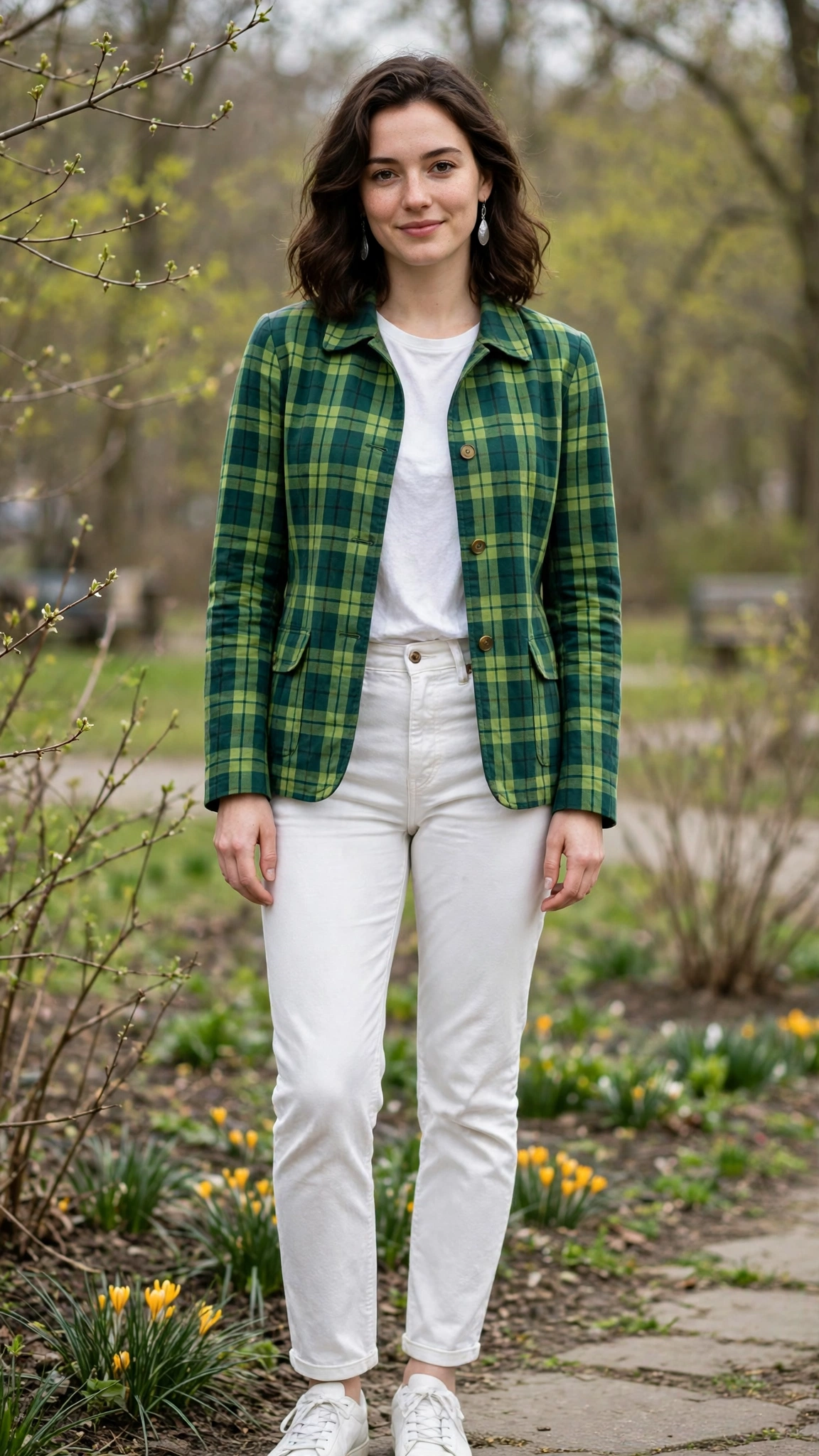 Green Check Jacket and White Jeans with silver drop earrings