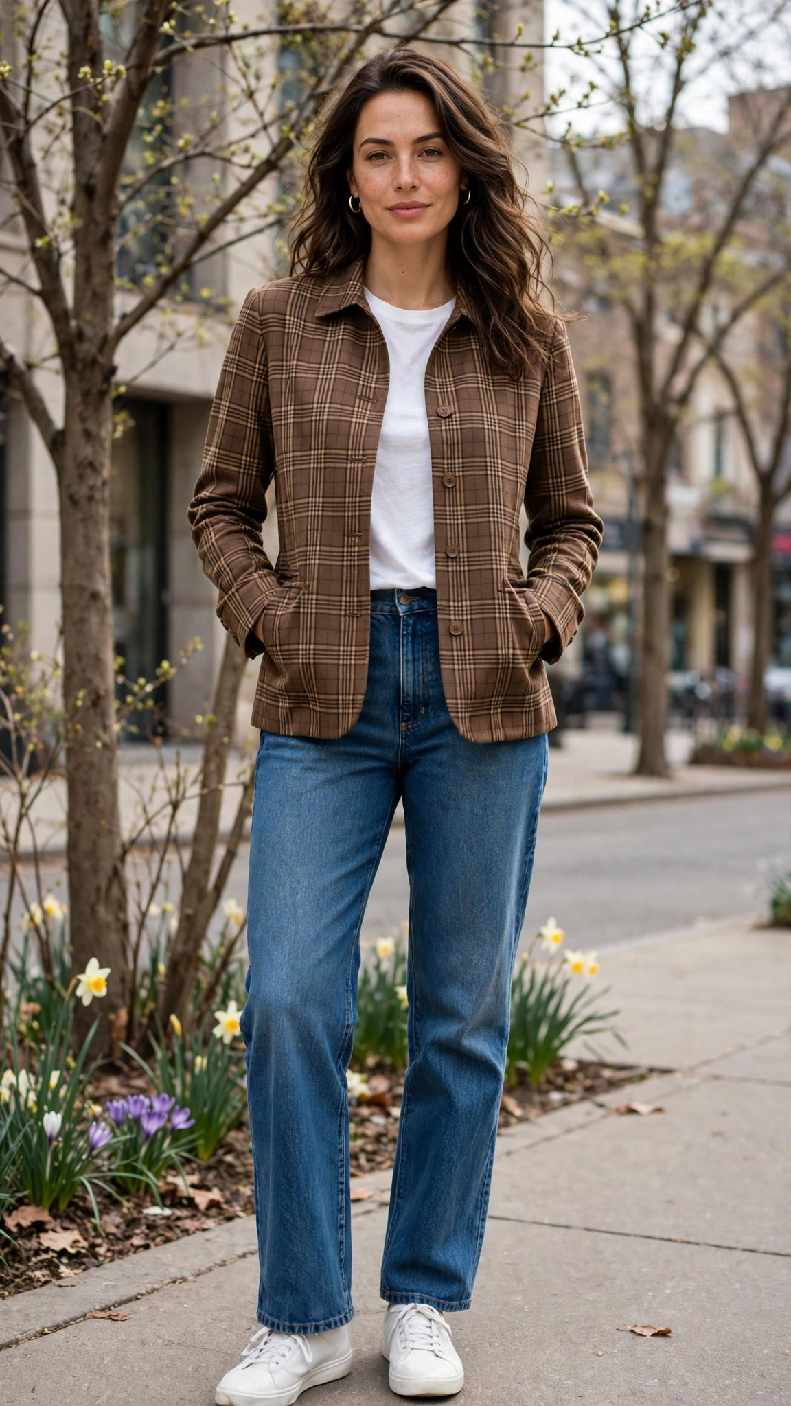Brown Check Jacket and Straight Jeans with gold hoop earrings