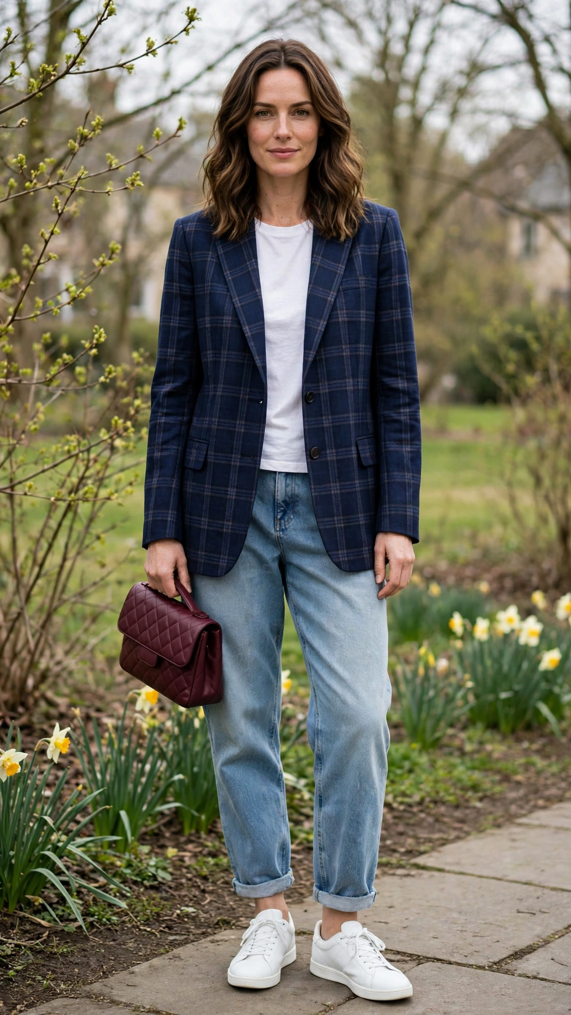 Navy Check Blazer and Boyfriend Jeans with a burgundy clutch