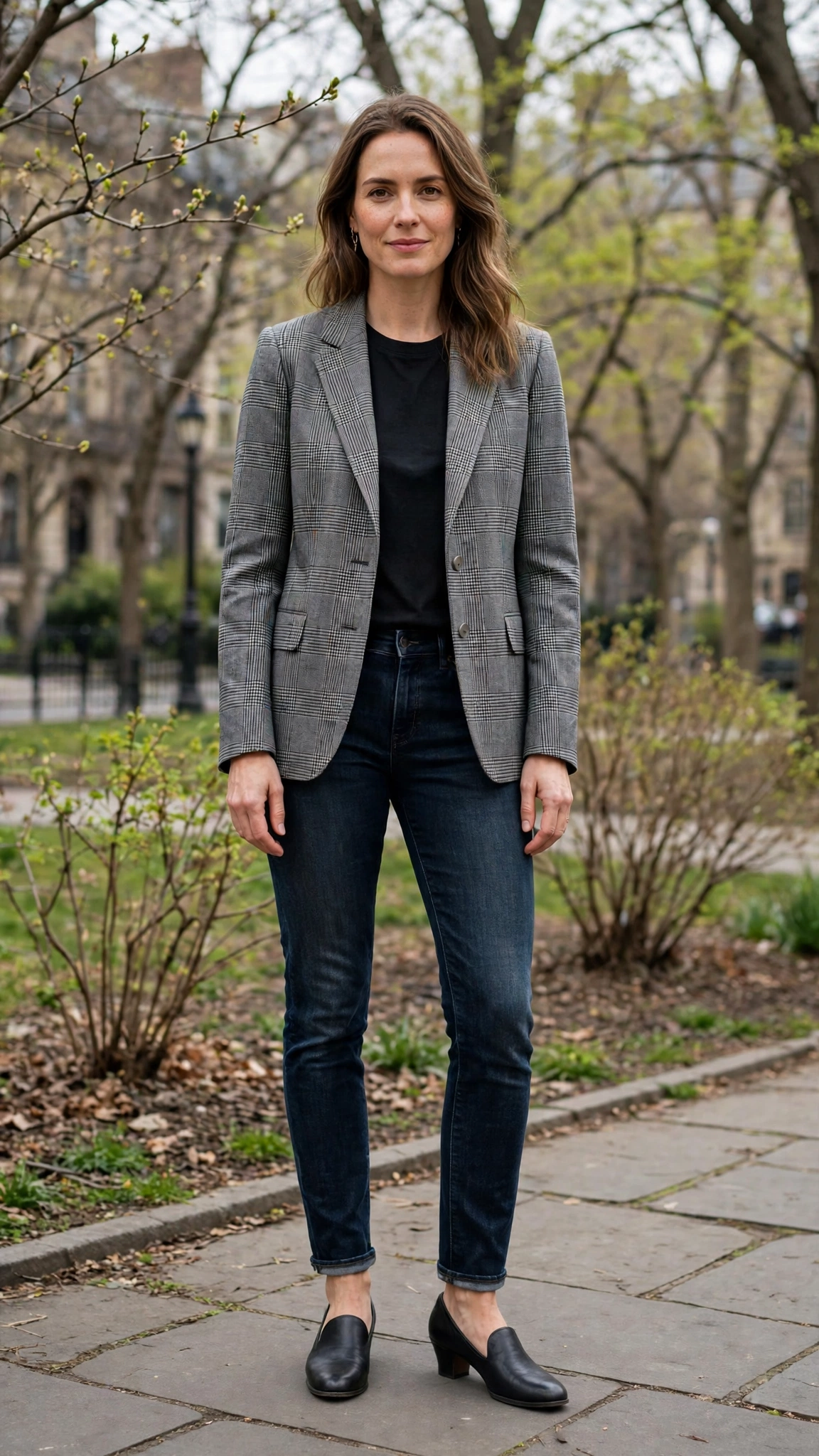Grey Check Jacket and Dark Jeans with comfortable low heels
