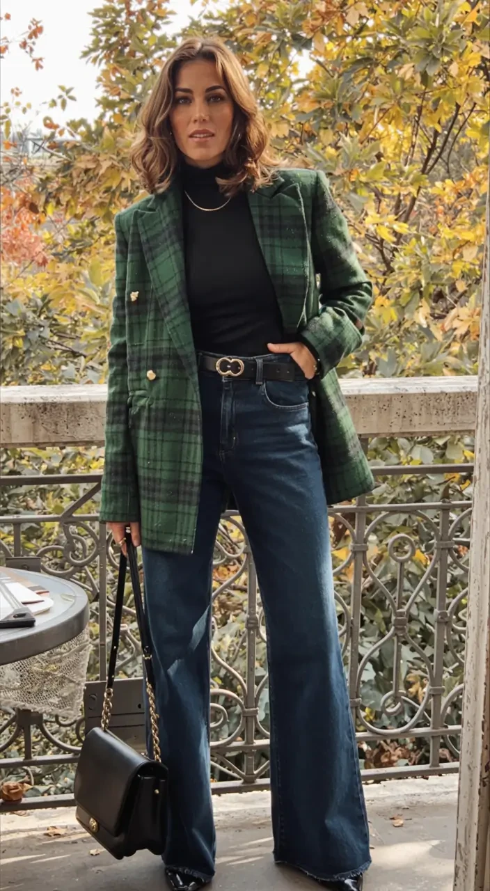 Green Check Blazer and Skinny Jeans with a soft black shawl