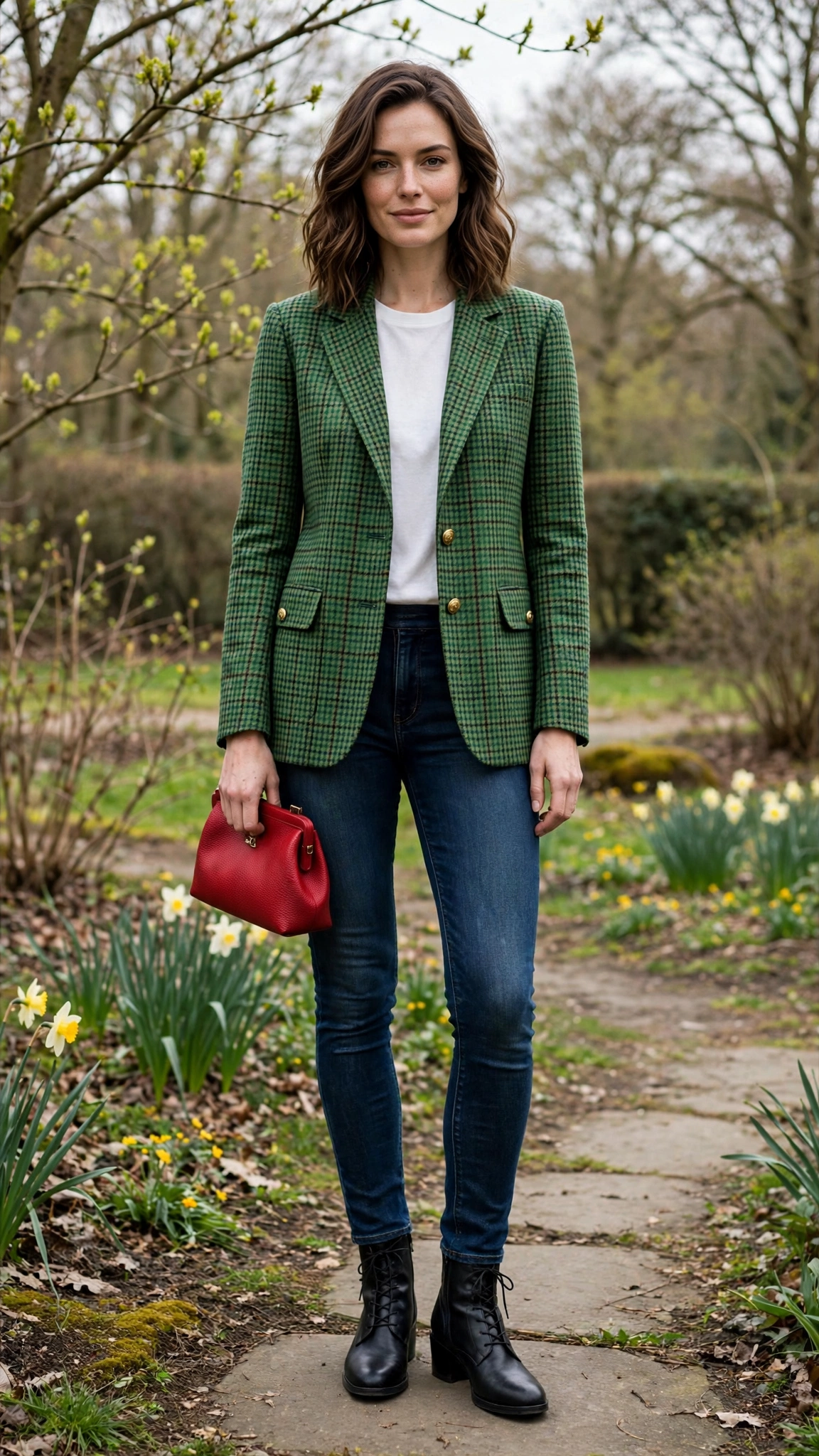 Green Check Blazer and Skinny Jeans with a red clutch
