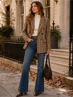 Brown Check Jacket and Flared Jeans with black block-heel pumps