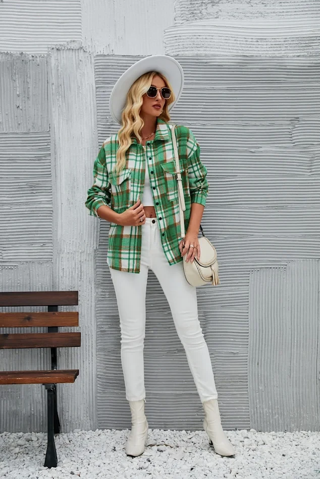 Green Check Jacket and White Jeans with a burgundy clutch