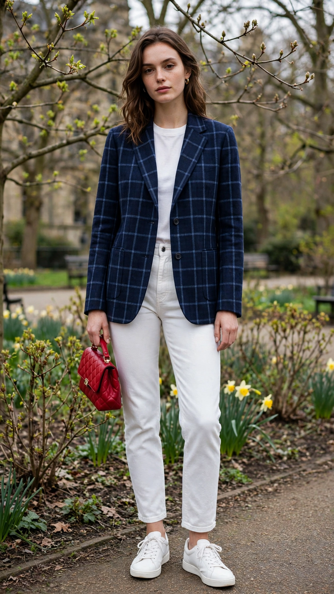Navy Check Jacket and White Jeans with a red clutch
