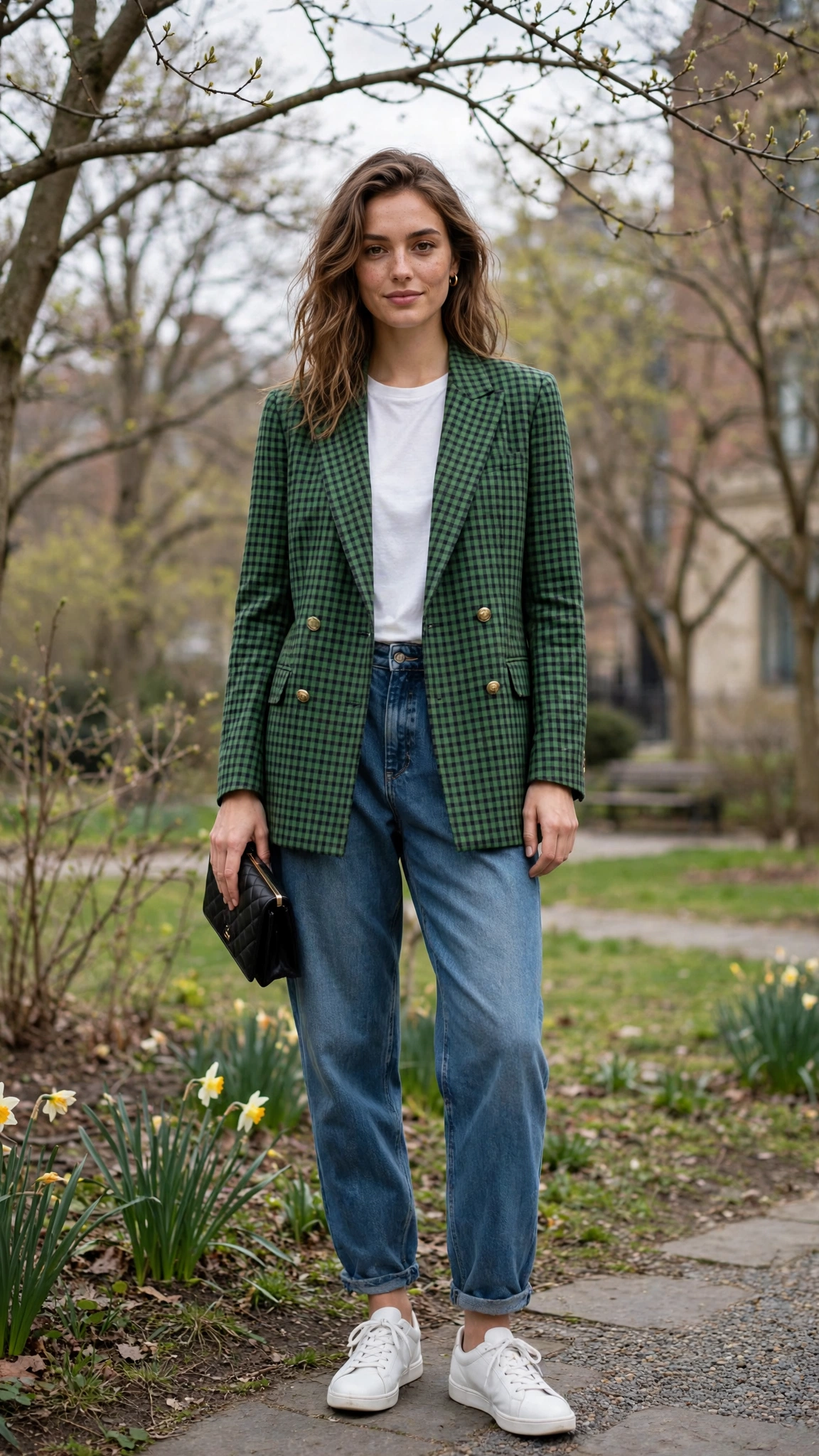 Green Check Blazer and Boyfriend Jeans with a small black clutch