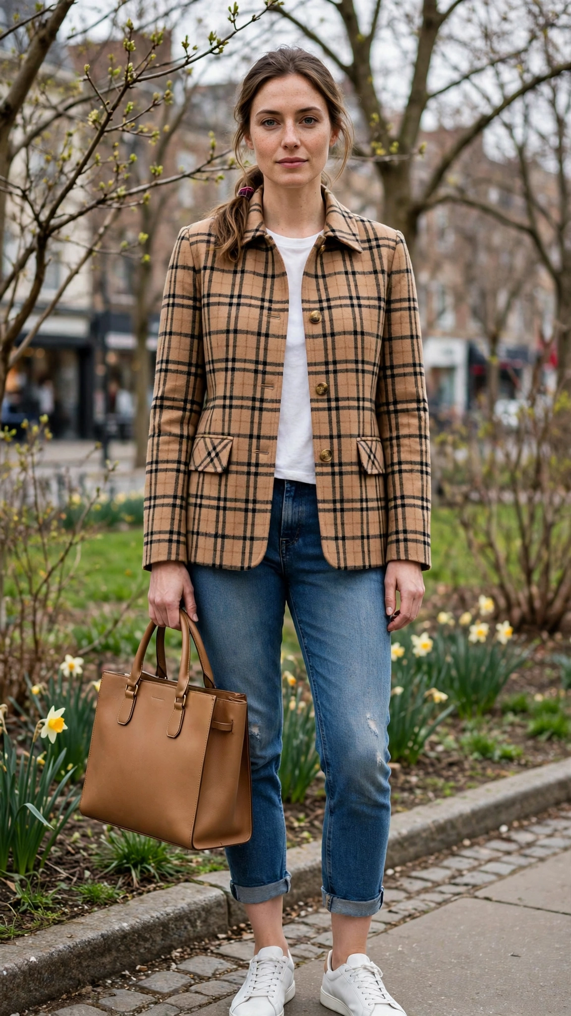 Camel Check Jacket and Cropped Jeans with a structured tote