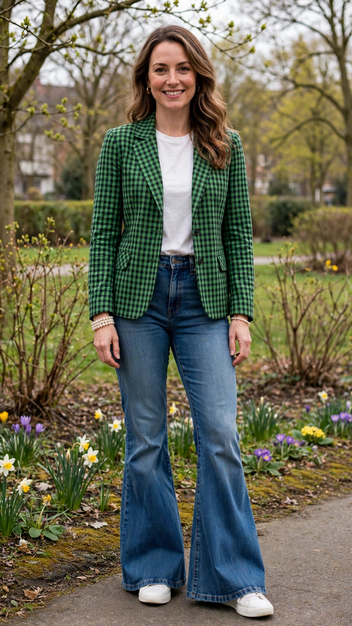 Green Check Jacket and Flared Jeans with a pearl bracelet