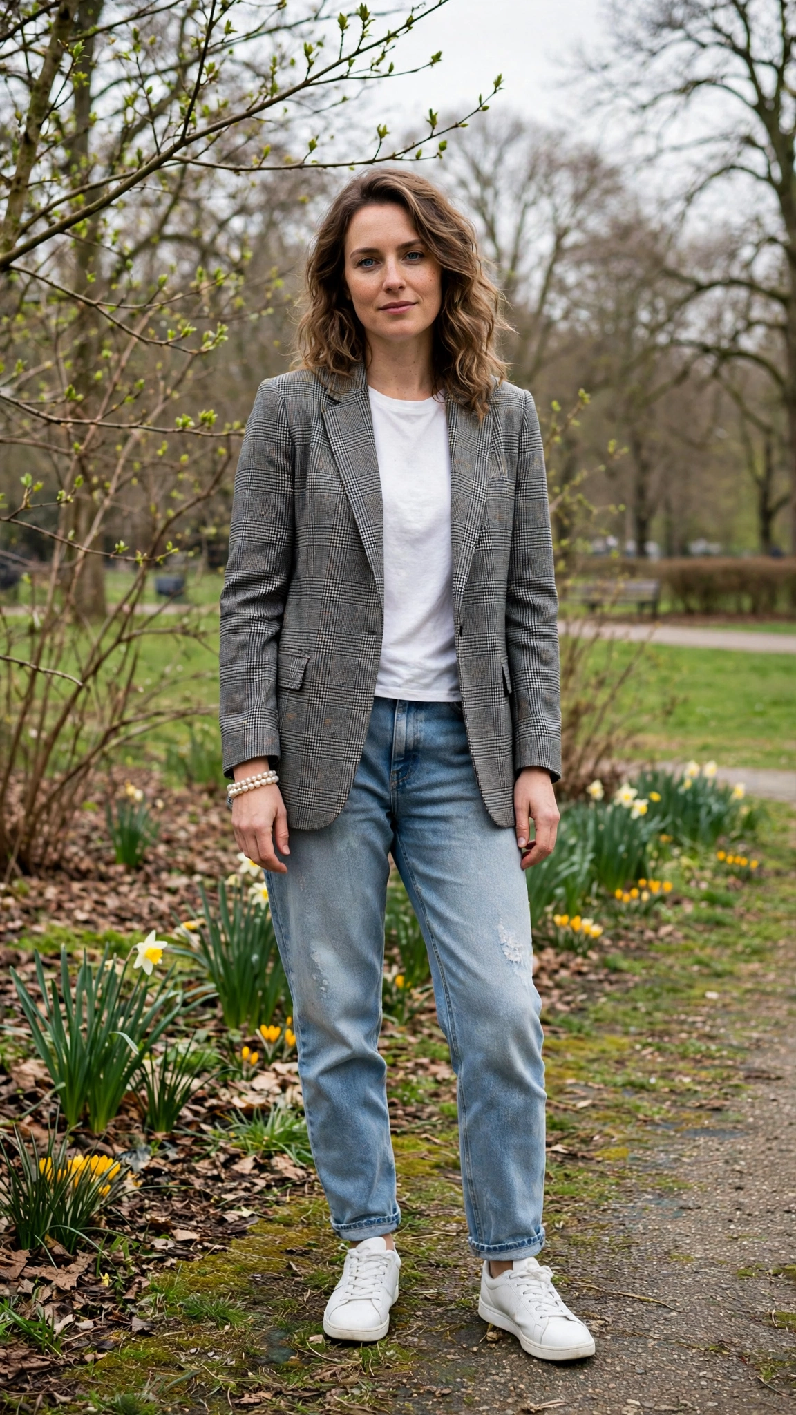 Grey Check Blazer and Boyfriend Jeans with a pearl bracelet