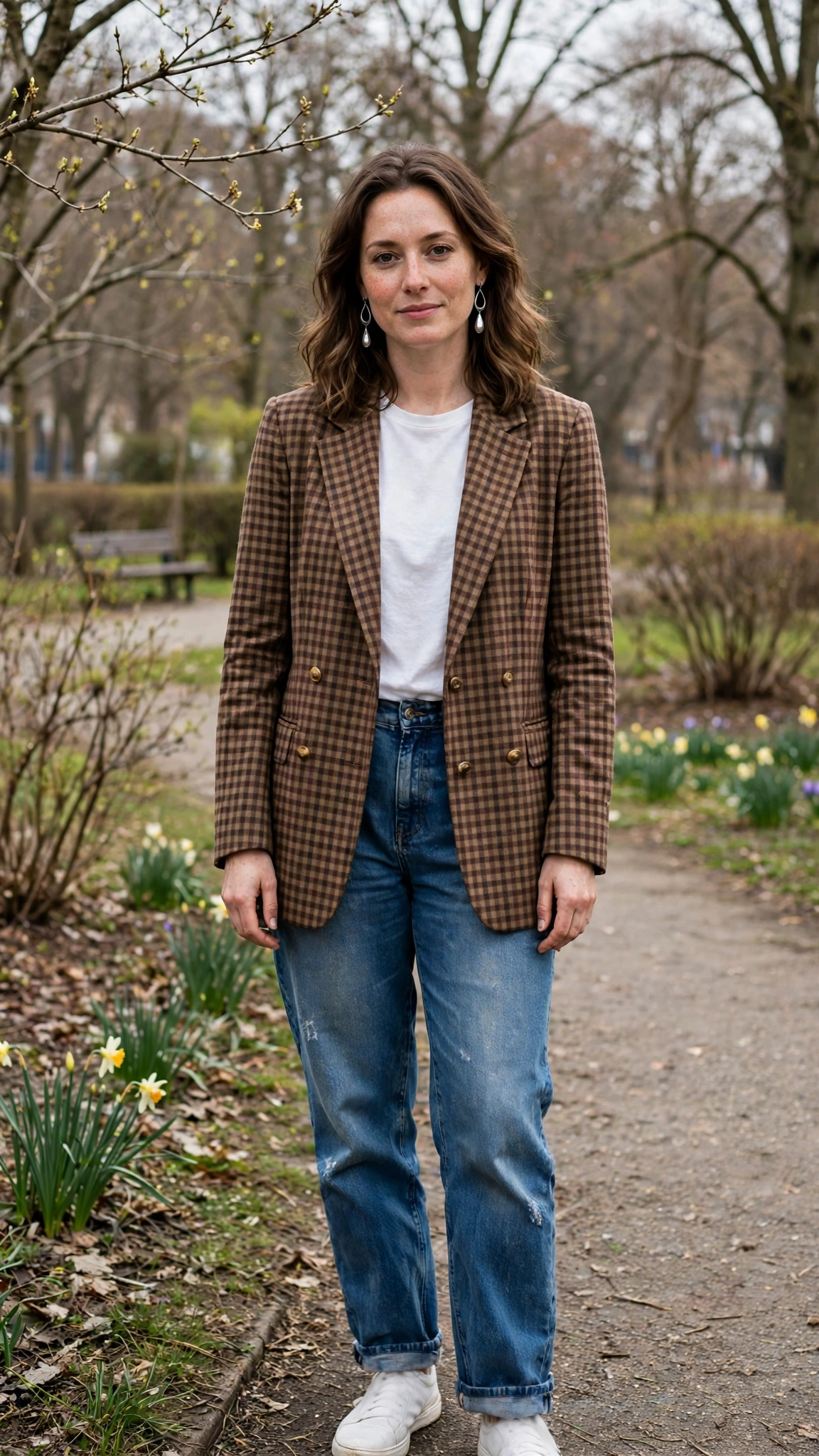 Brown Check Blazer and Boyfriend Jeans with silver drop earrings