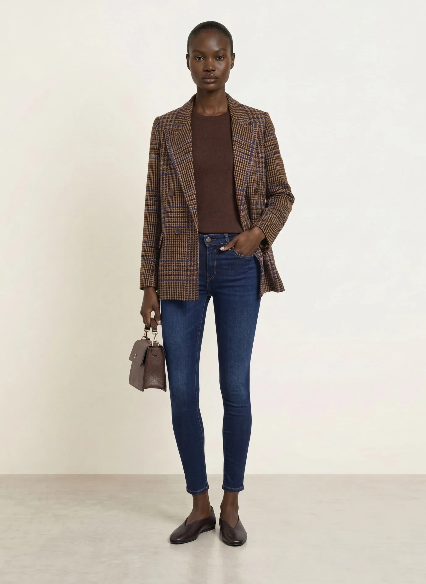 Brown Check Blazer and Skinny Jeans with comfortable low heels