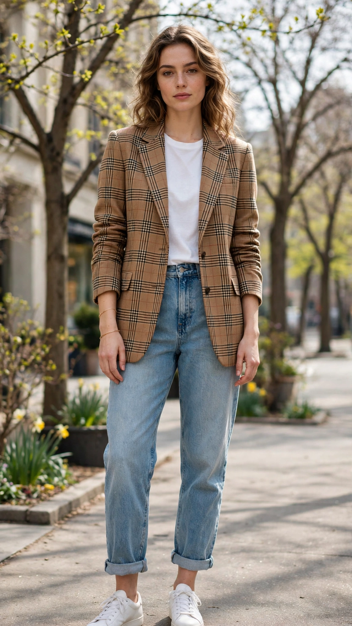 Camel Check Blazer and Boyfriend Jeans with a delicate gold bracelet