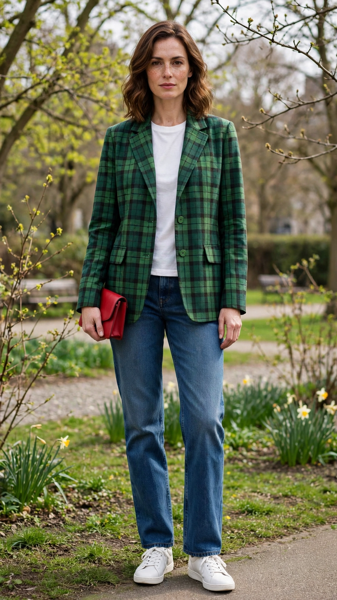 Green Check Jacket and Straight Jeans with a red clutch