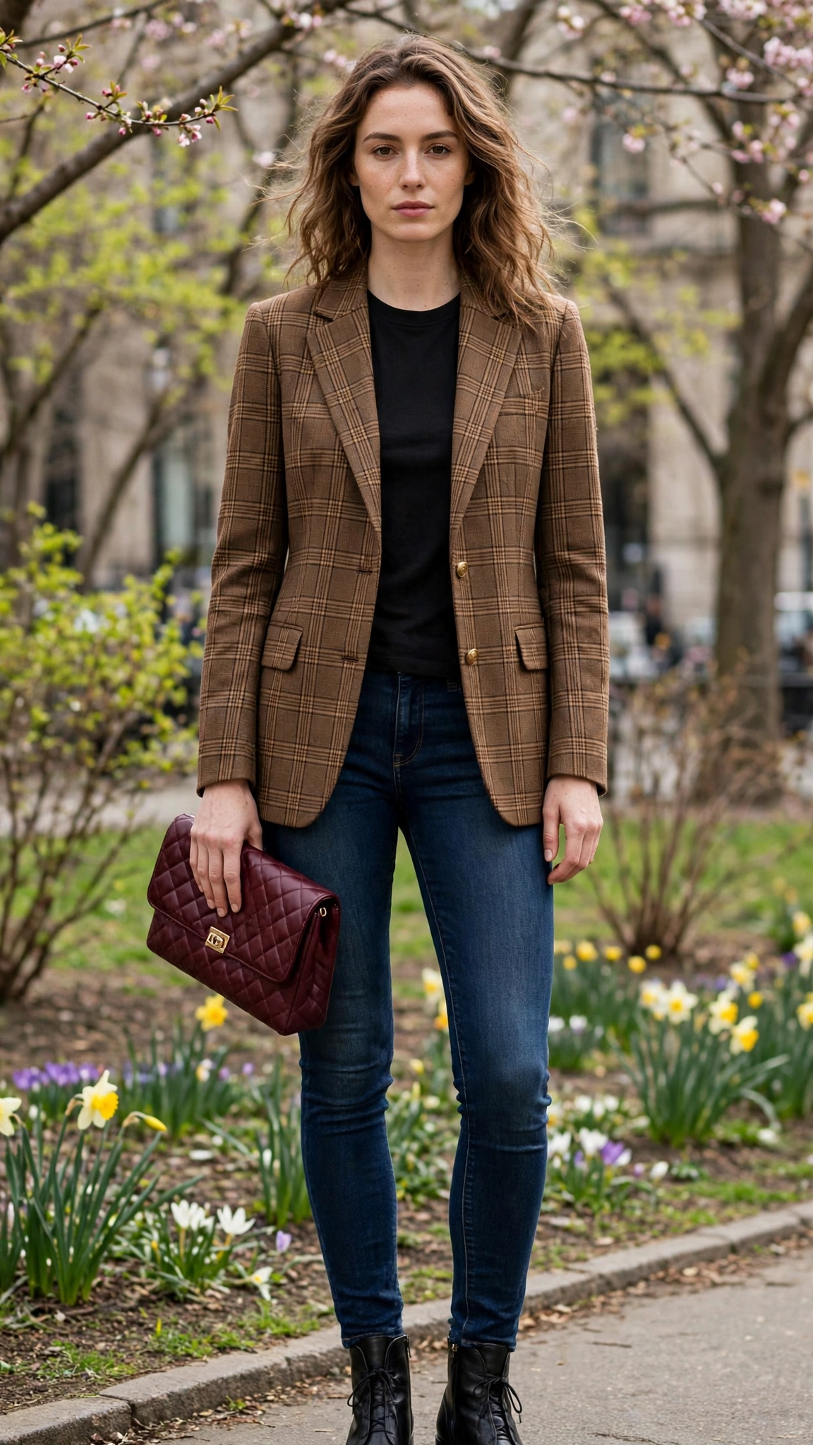 Brown Check Blazer and Skinny Jeans with a burgundy clutch