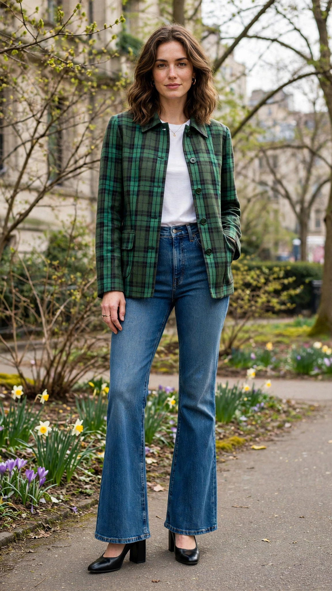 Green Check Jacket and Flared Jeans with black block-heel pumps
